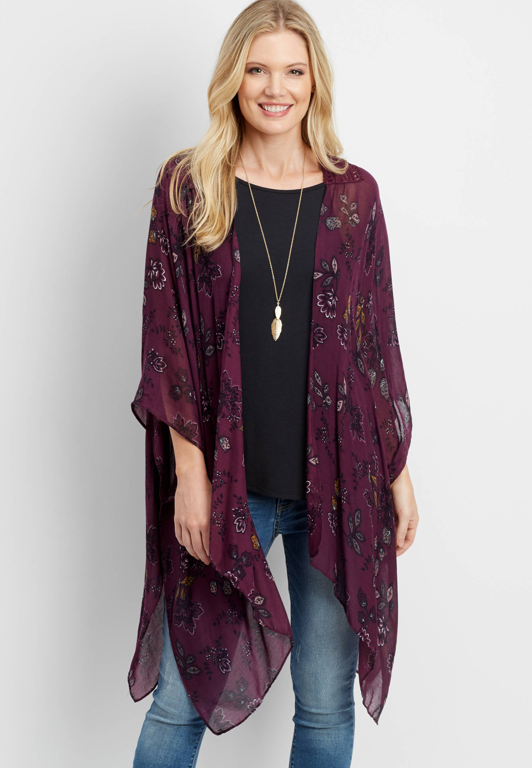 floral print kimono with crocheted back inlay | maurices