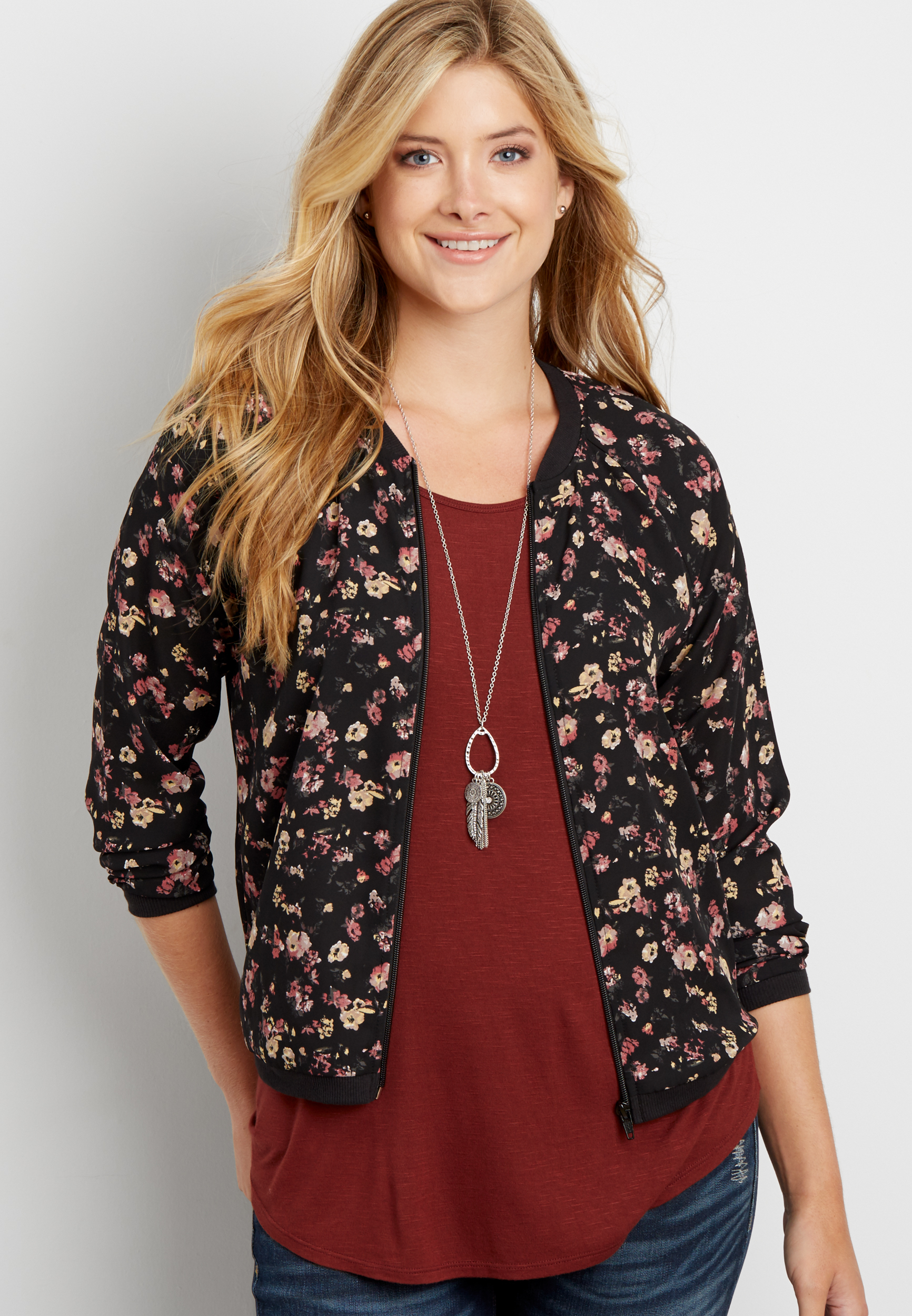 floral print chiffon bomber jacket | maurices