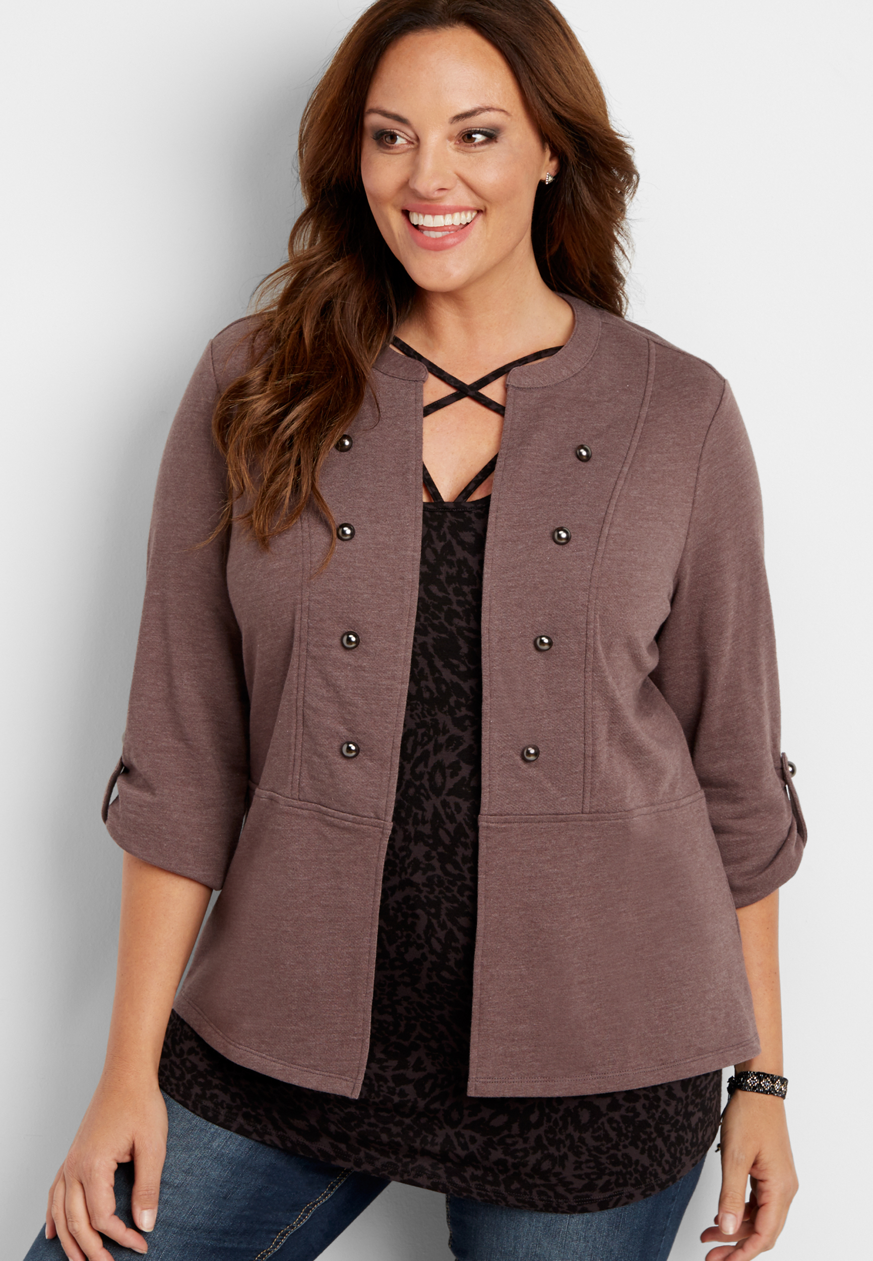 Plus Size Heathered French Terry Military Style Cardigan Maurices 