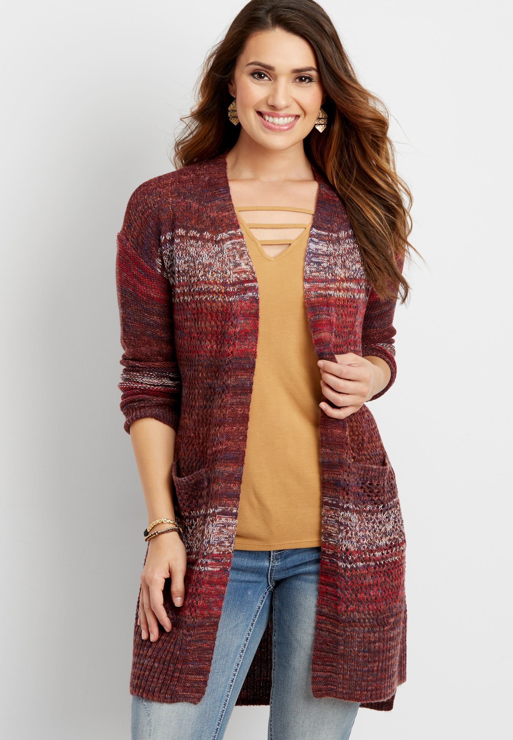 marled cardigan with stripes and open stitching | maurices