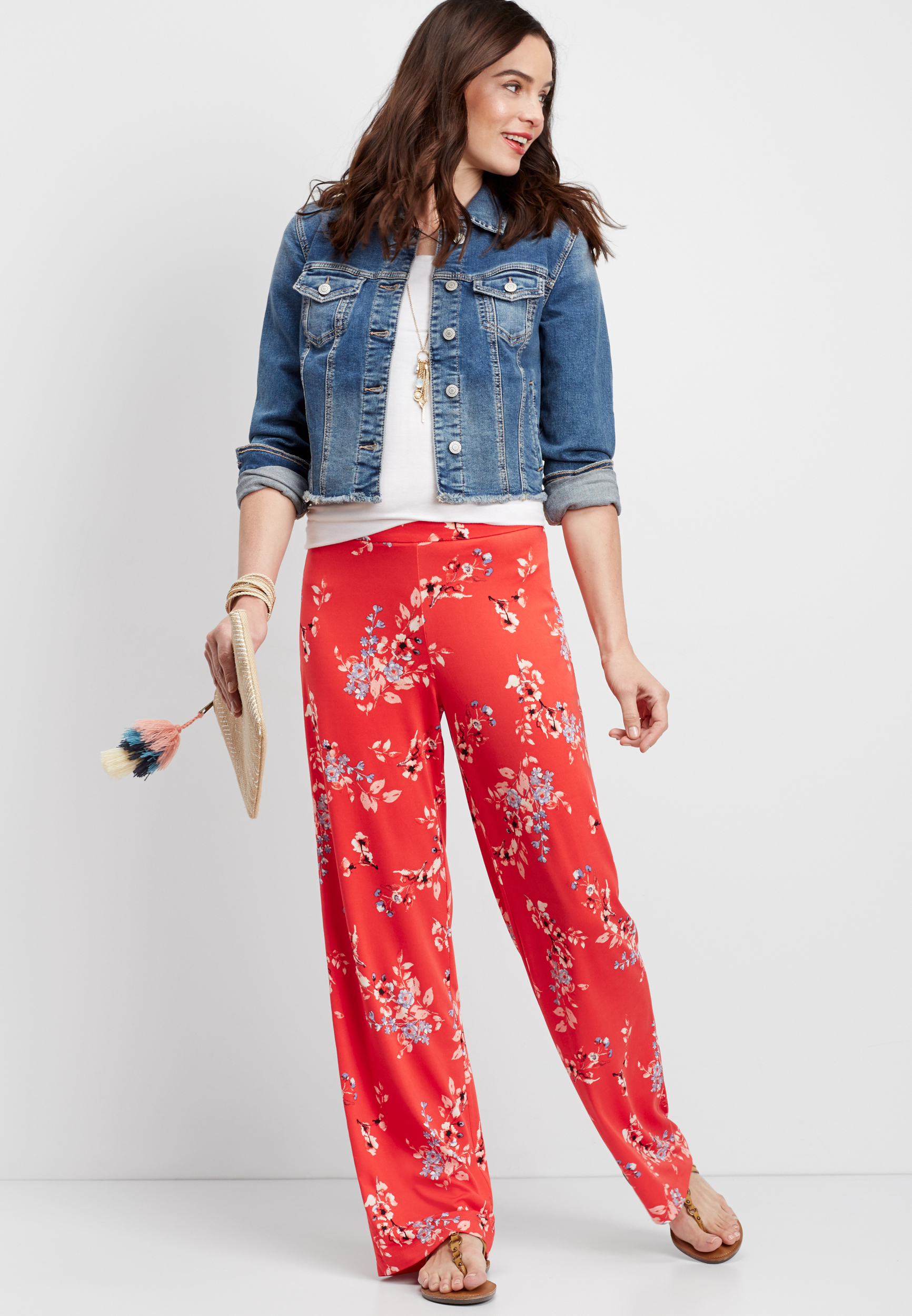Red floral wide leg trousers sales