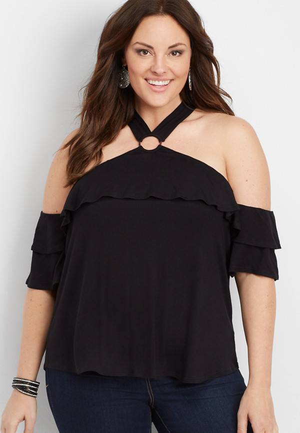plus size ring y-neck cold shoulder top | maurices