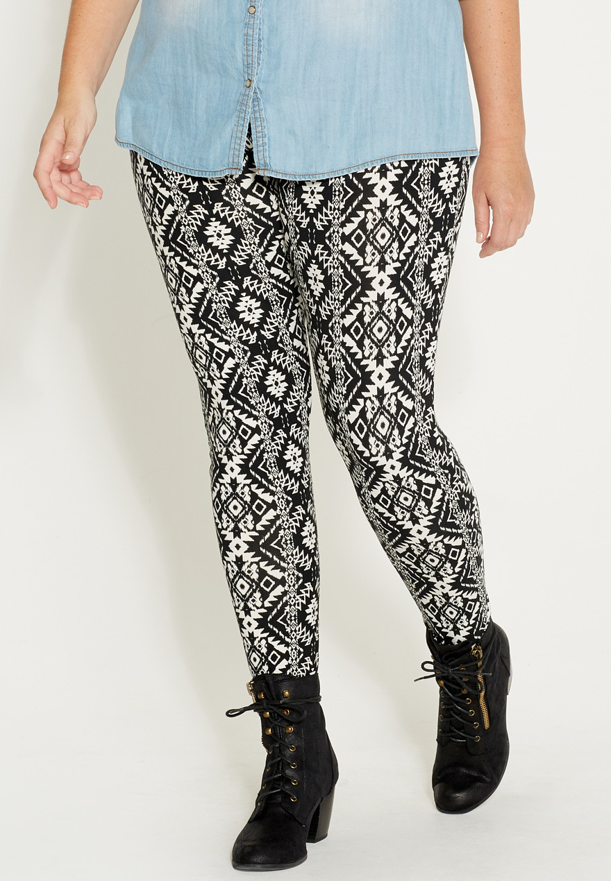 Plus Size Ultra Soft Legging In Black And White Ethnic Print Maurices