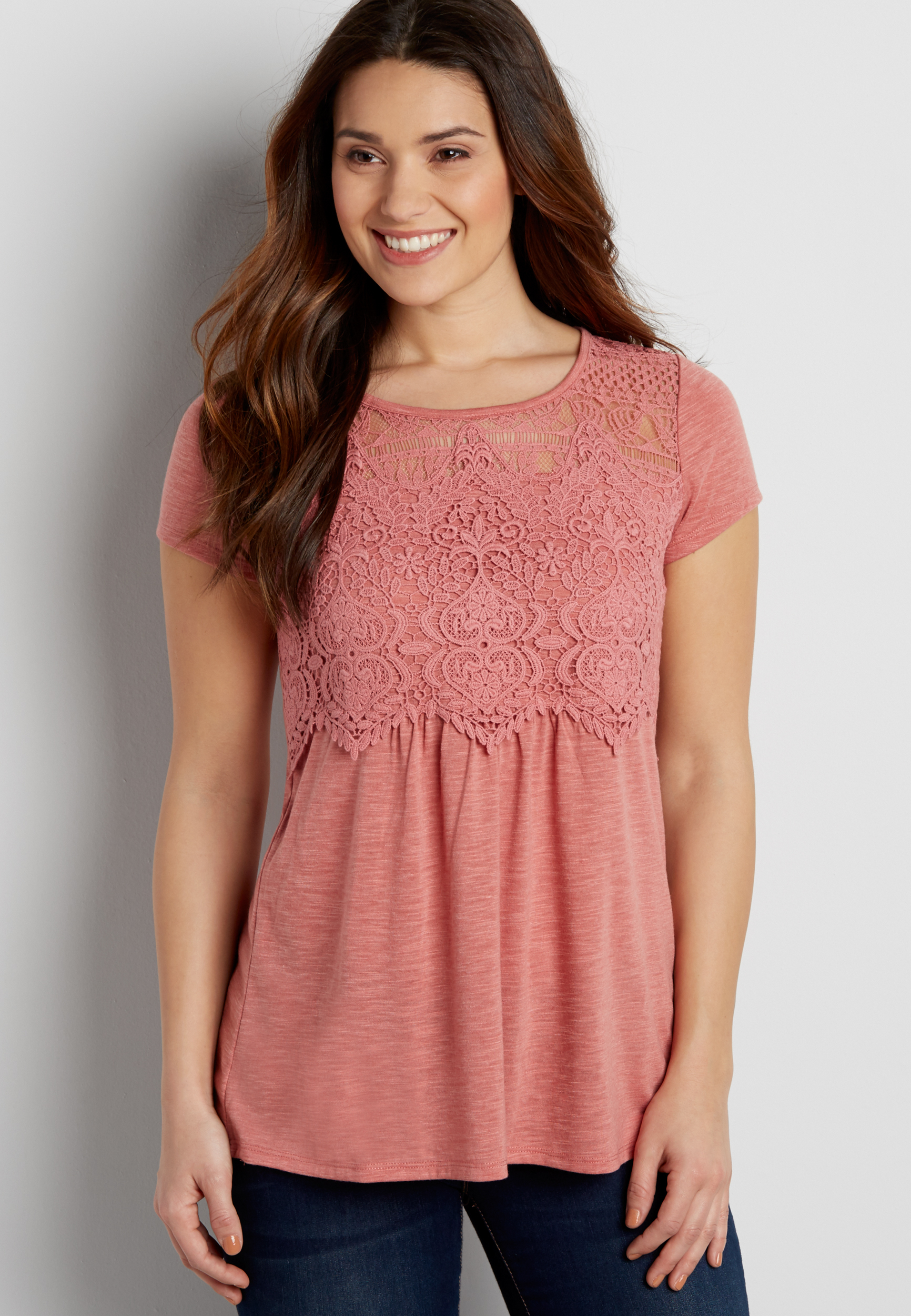 tee with lace yoke and crocheted overlay | maurices