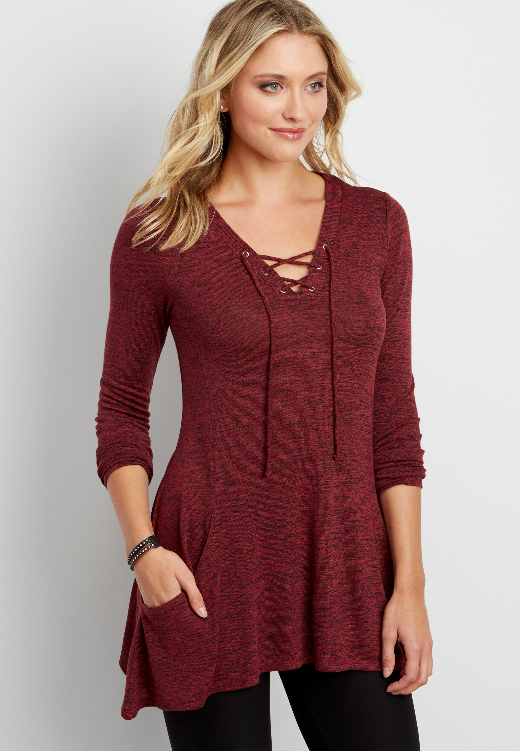 tunic with lace up neckline and pockets | maurices