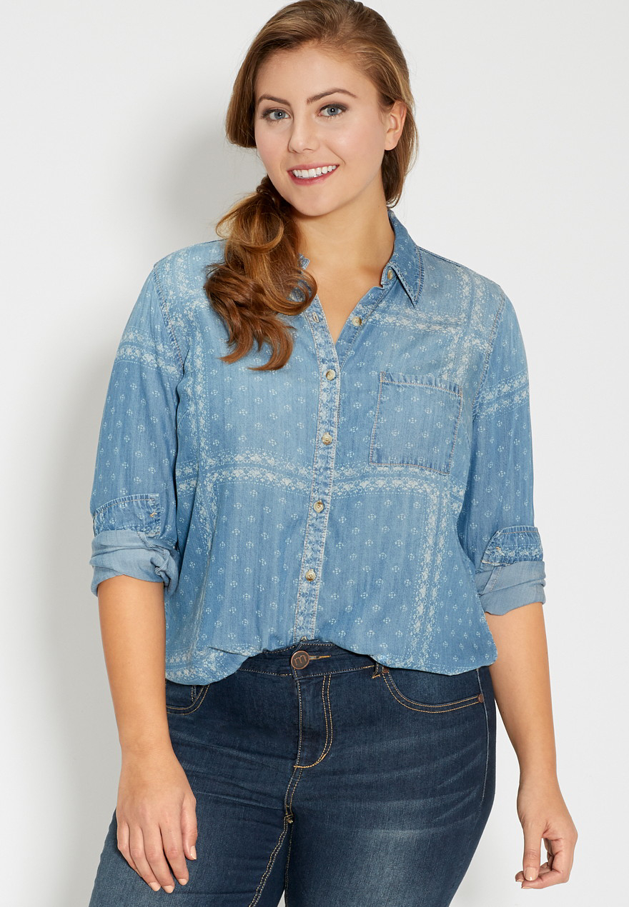 plus size patterned chambray button down shirt | maurices