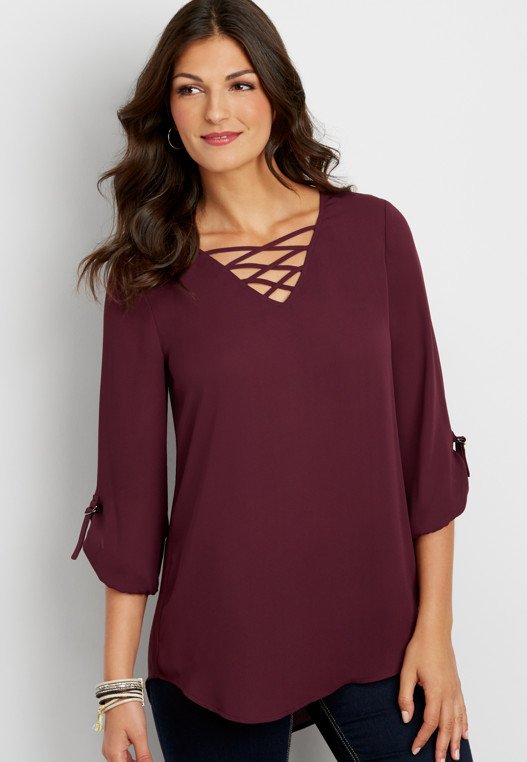 the perfect tunic blouse with strappy neckline | maurices