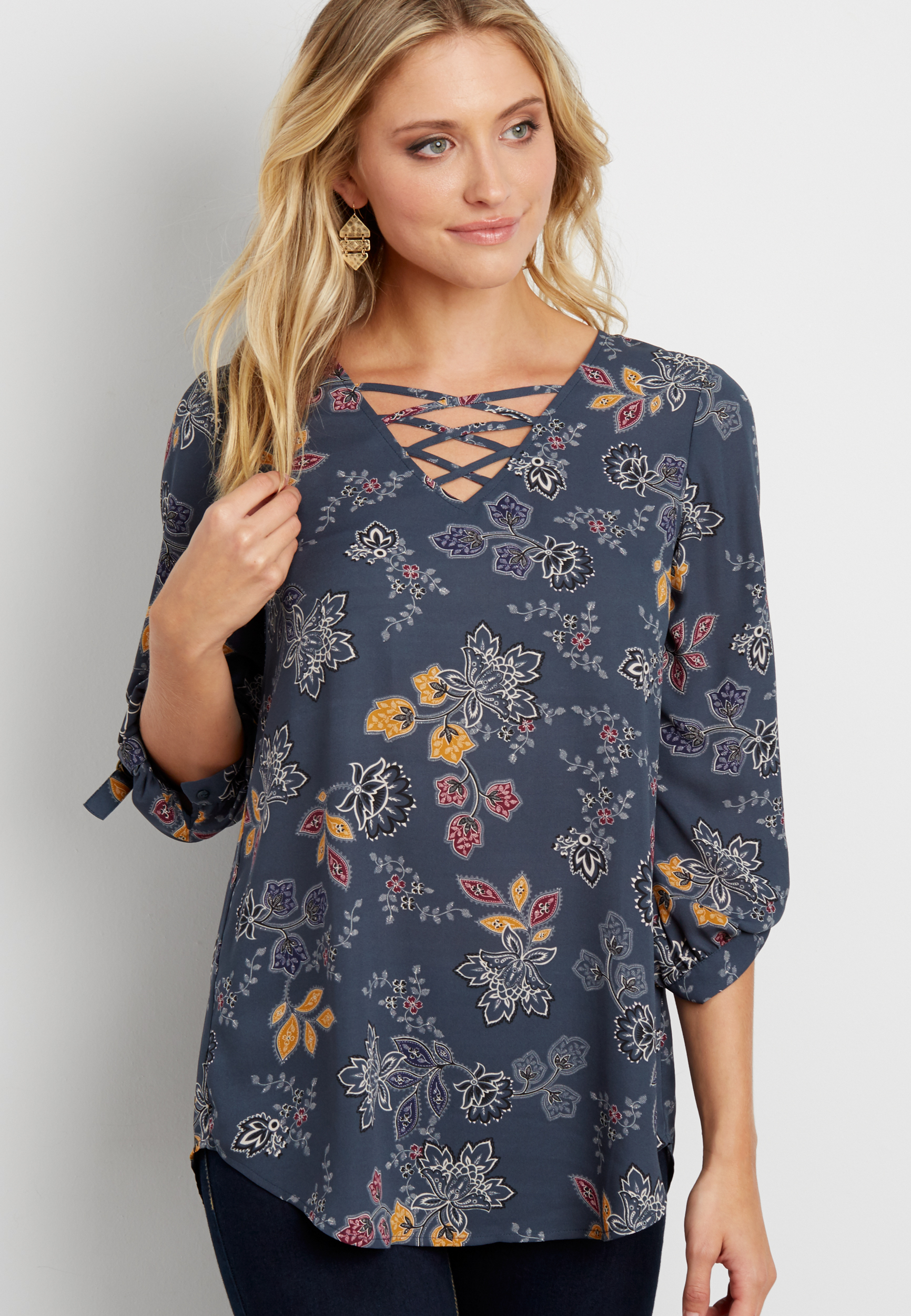 the perfect tunic blouse with strappy neckline in floral print | maurices