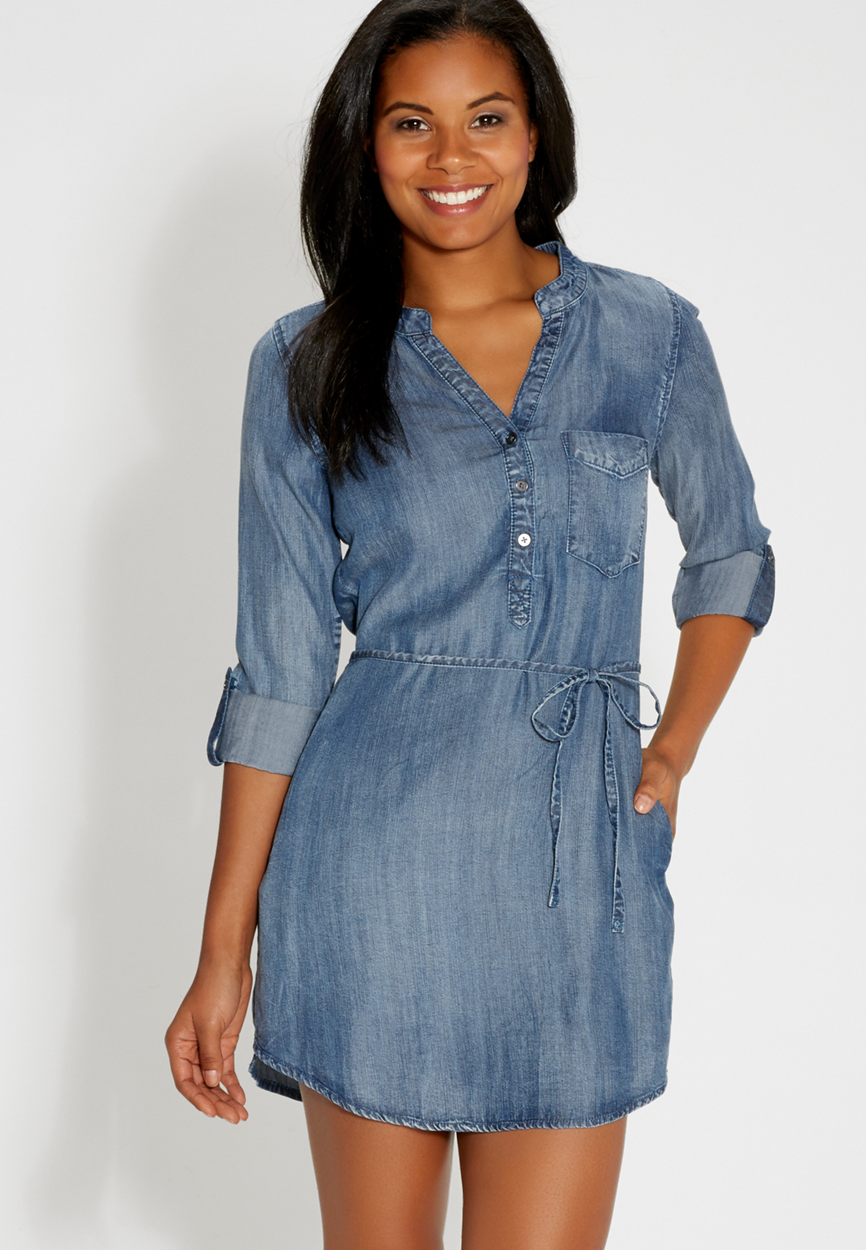 chambray tiered pocket shirtdress