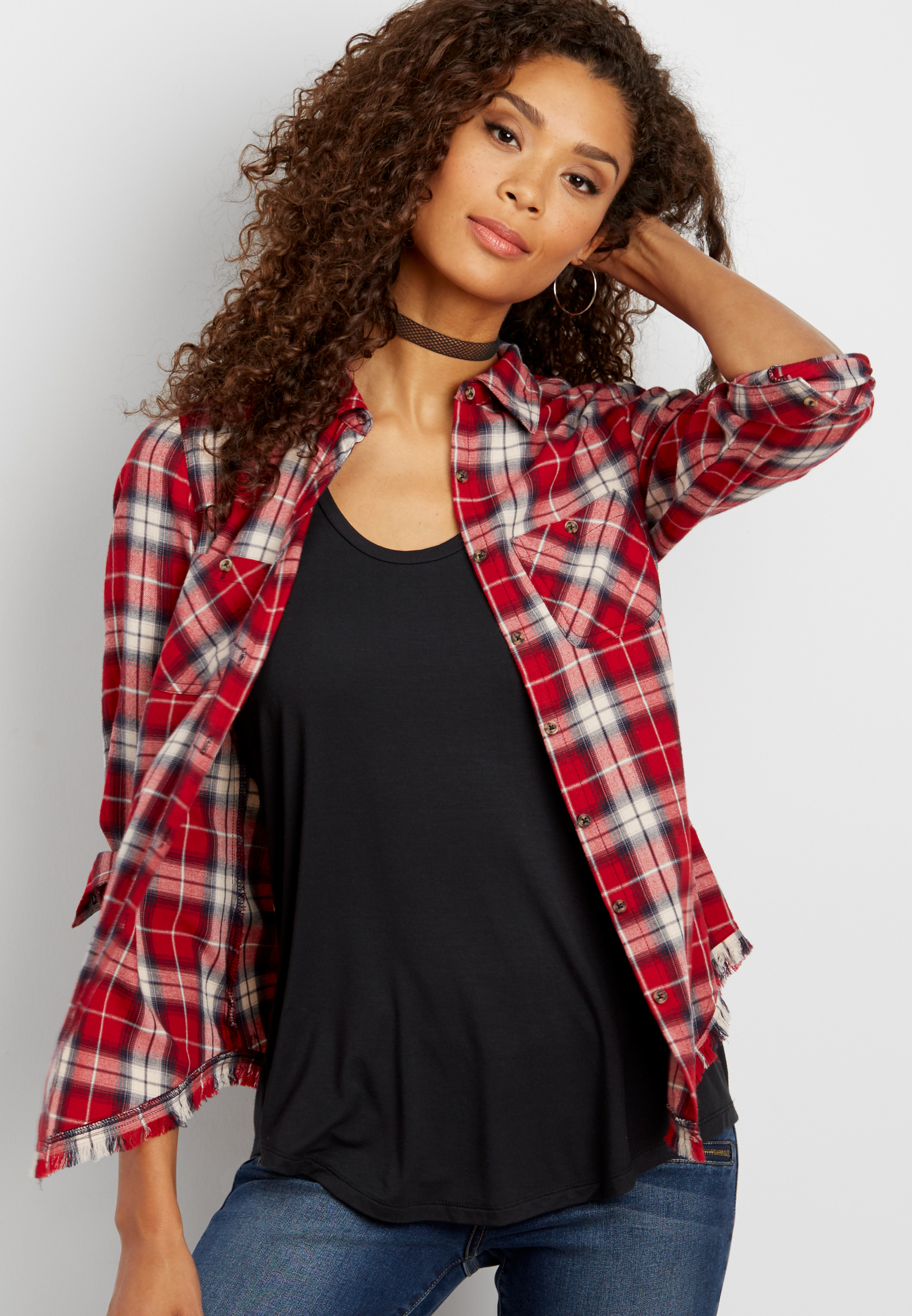 button down plaid shirt with frayed bottom hem | maurices
