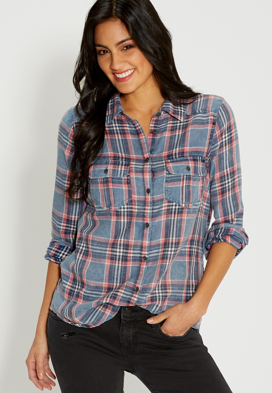 button down plaid shirt in blue and pink | maurices