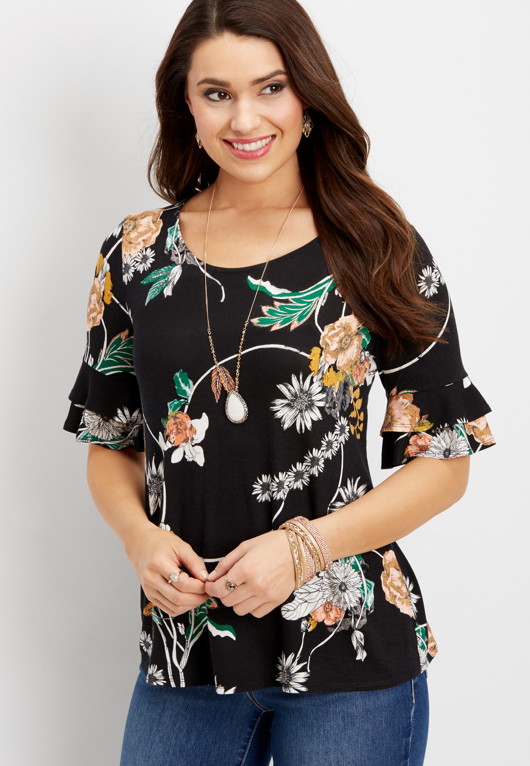 24/7 ruffled sleeve floral tee | maurices