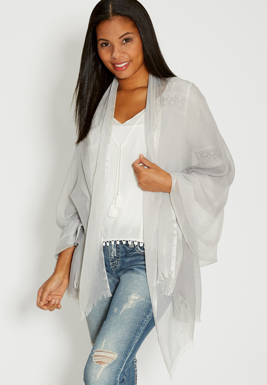 gauze scarf wrap with metallic stripes in gray maurices