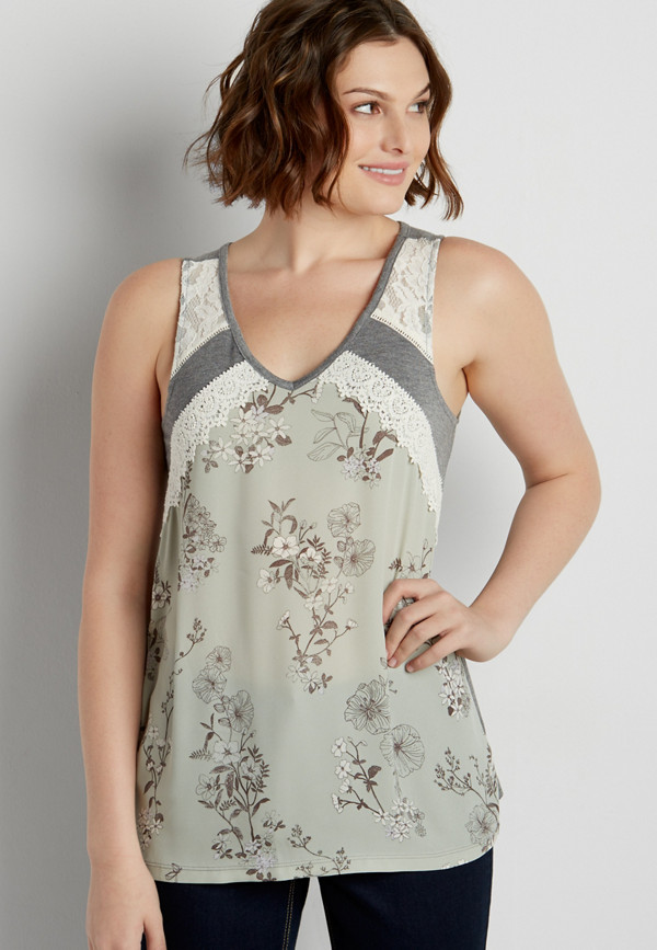 floral print tank with lace and crochet | maurices