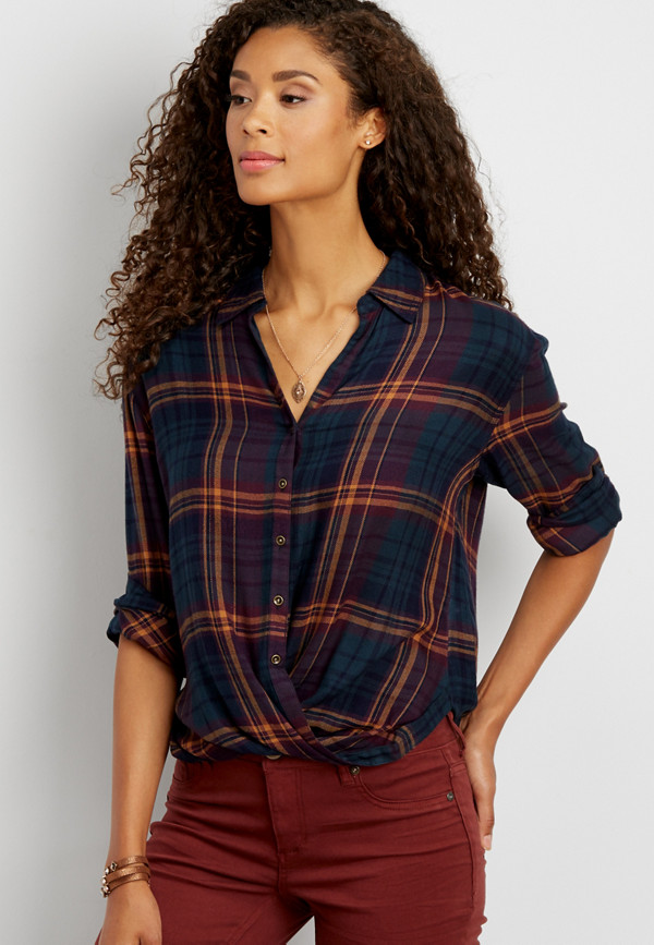 wrap front plaid shirt | maurices