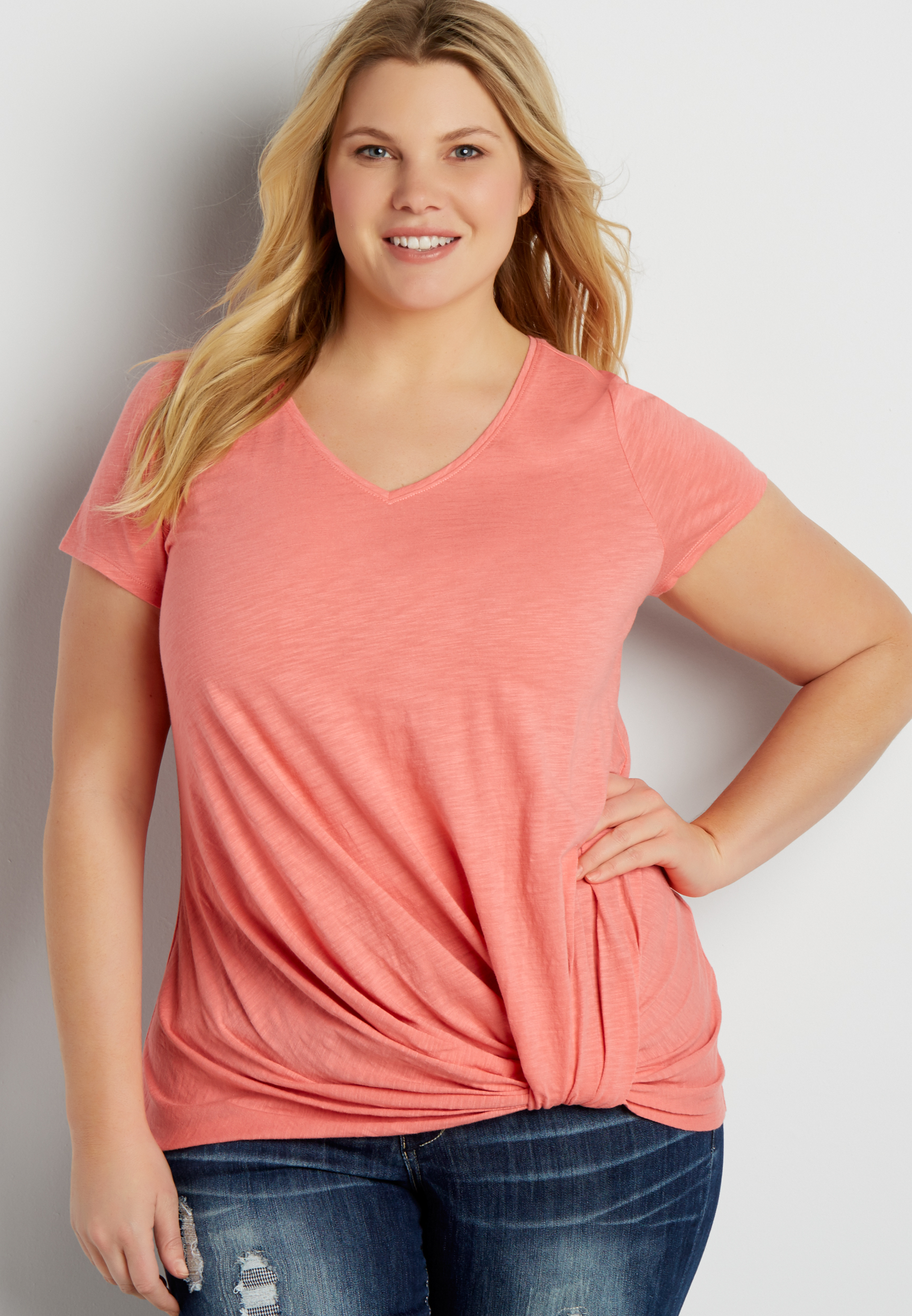 plus size v-neck tee with knot hem | maurices