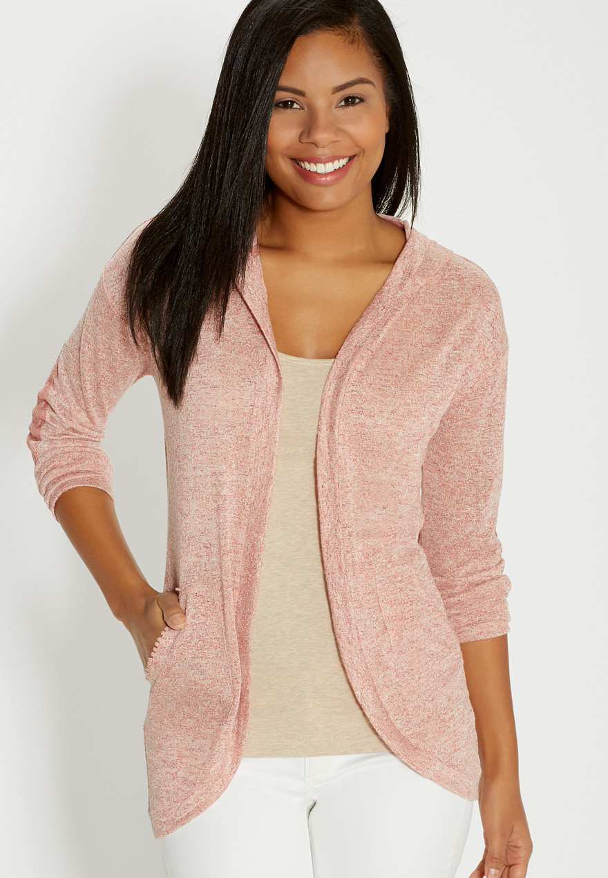 hooded cardigan with crocheted elbow patches in pink maurices