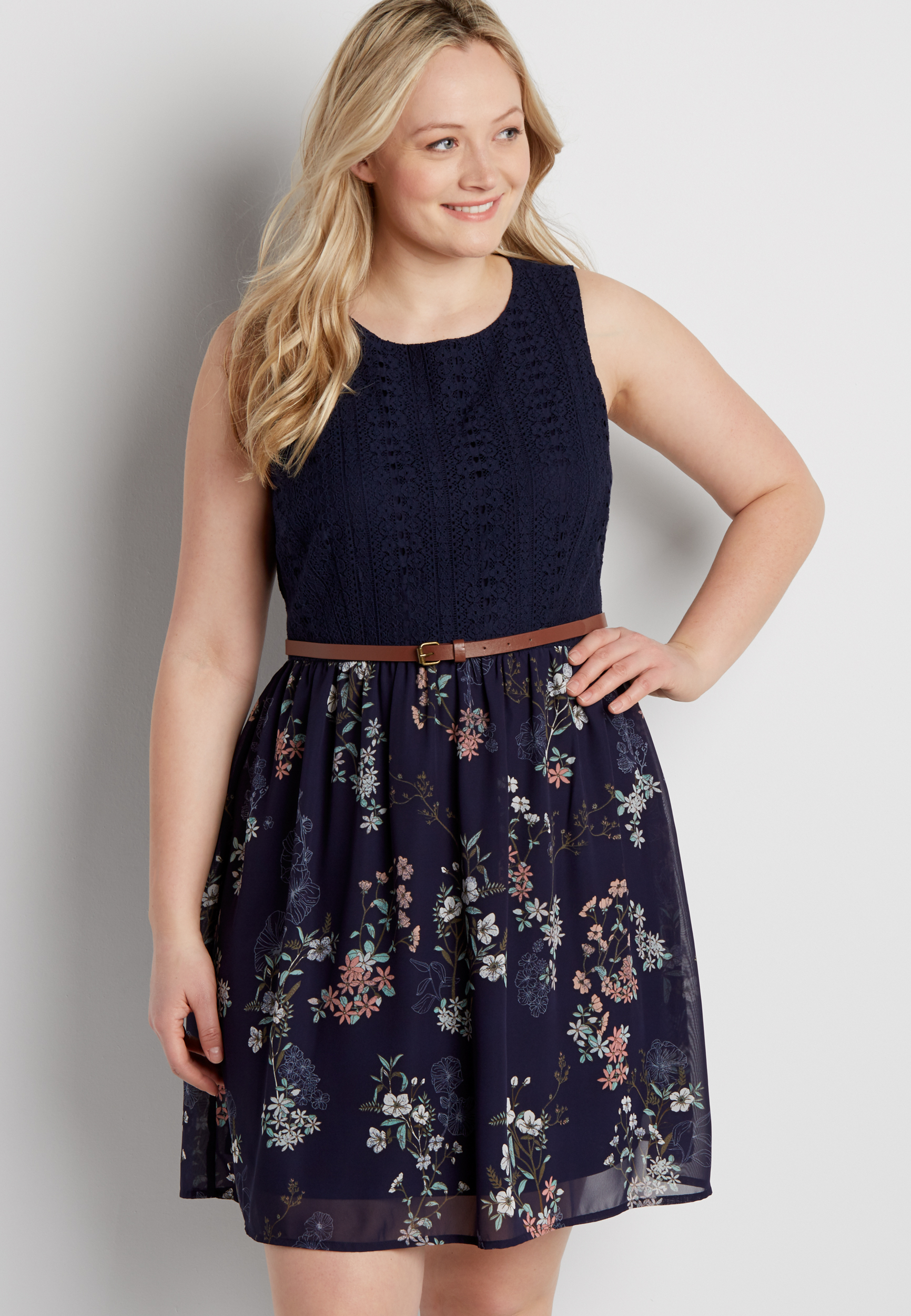 plus size lacy dress with floral skirt maurices