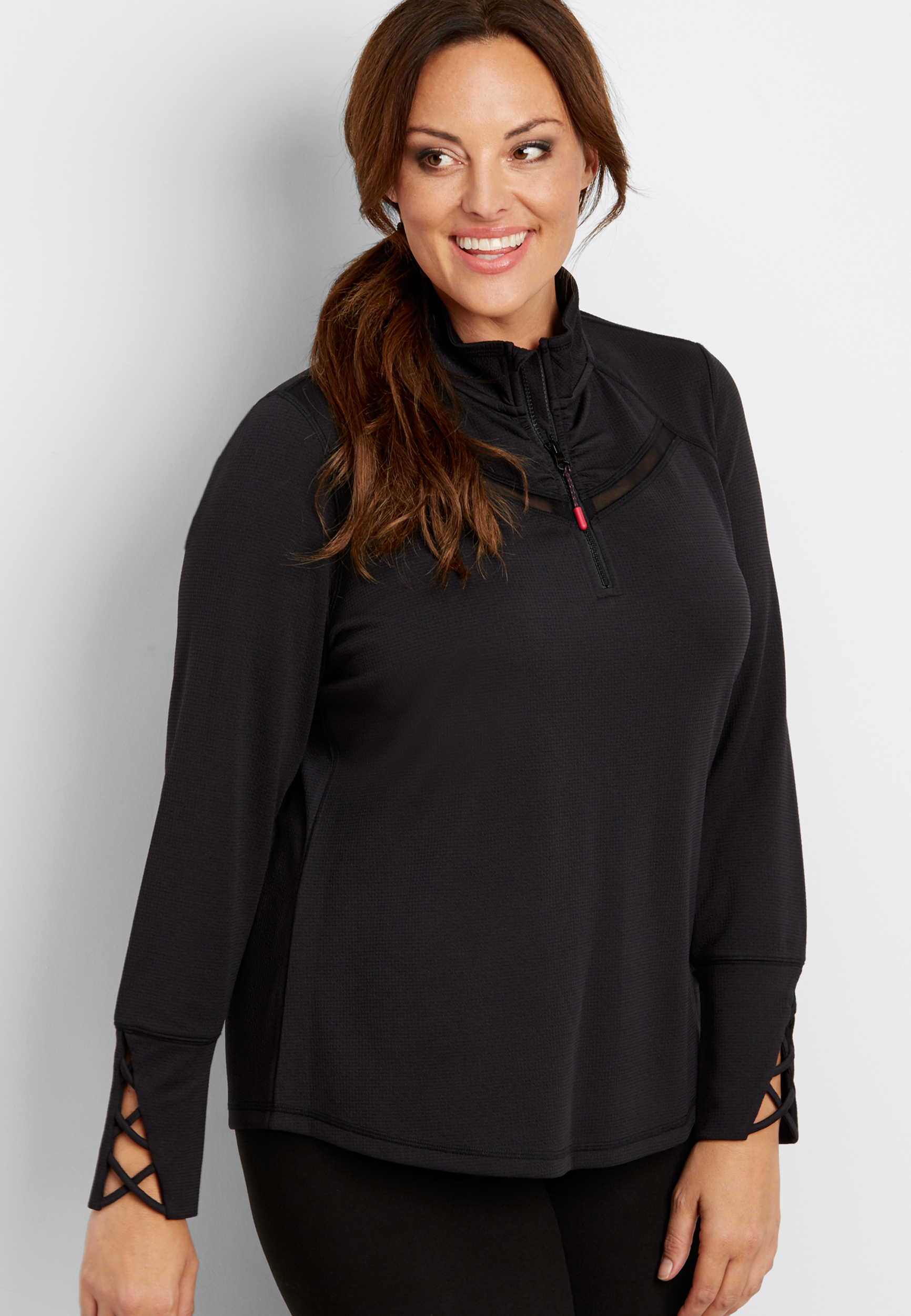 plus size textured half zip pullover with mesh inlay and strappy cuffs ...