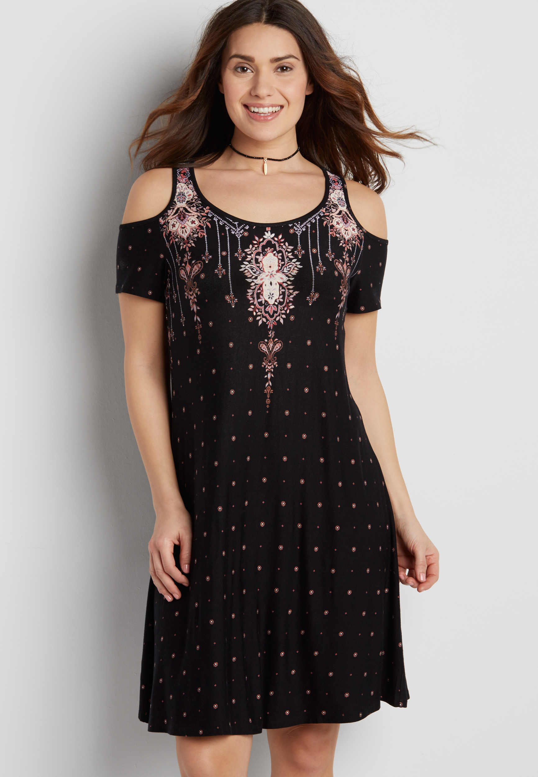 the 24/7 patterned cold shoulder dress | maurices