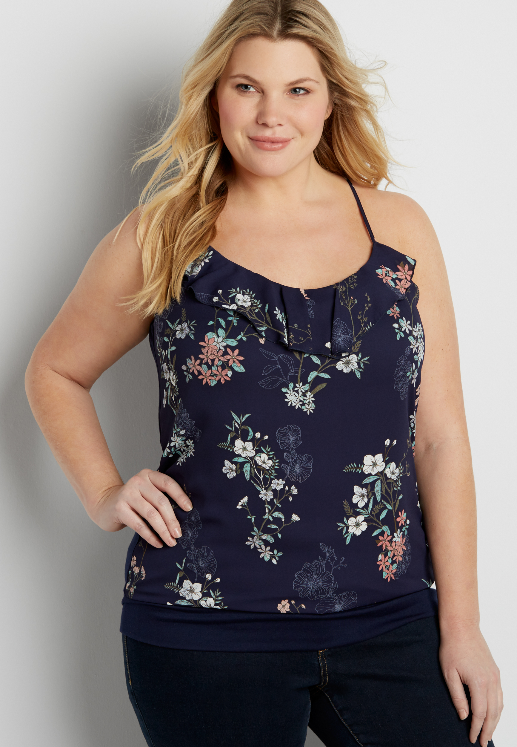 plus size knit tank with floral print chiffon front and ruffle in blue ...
