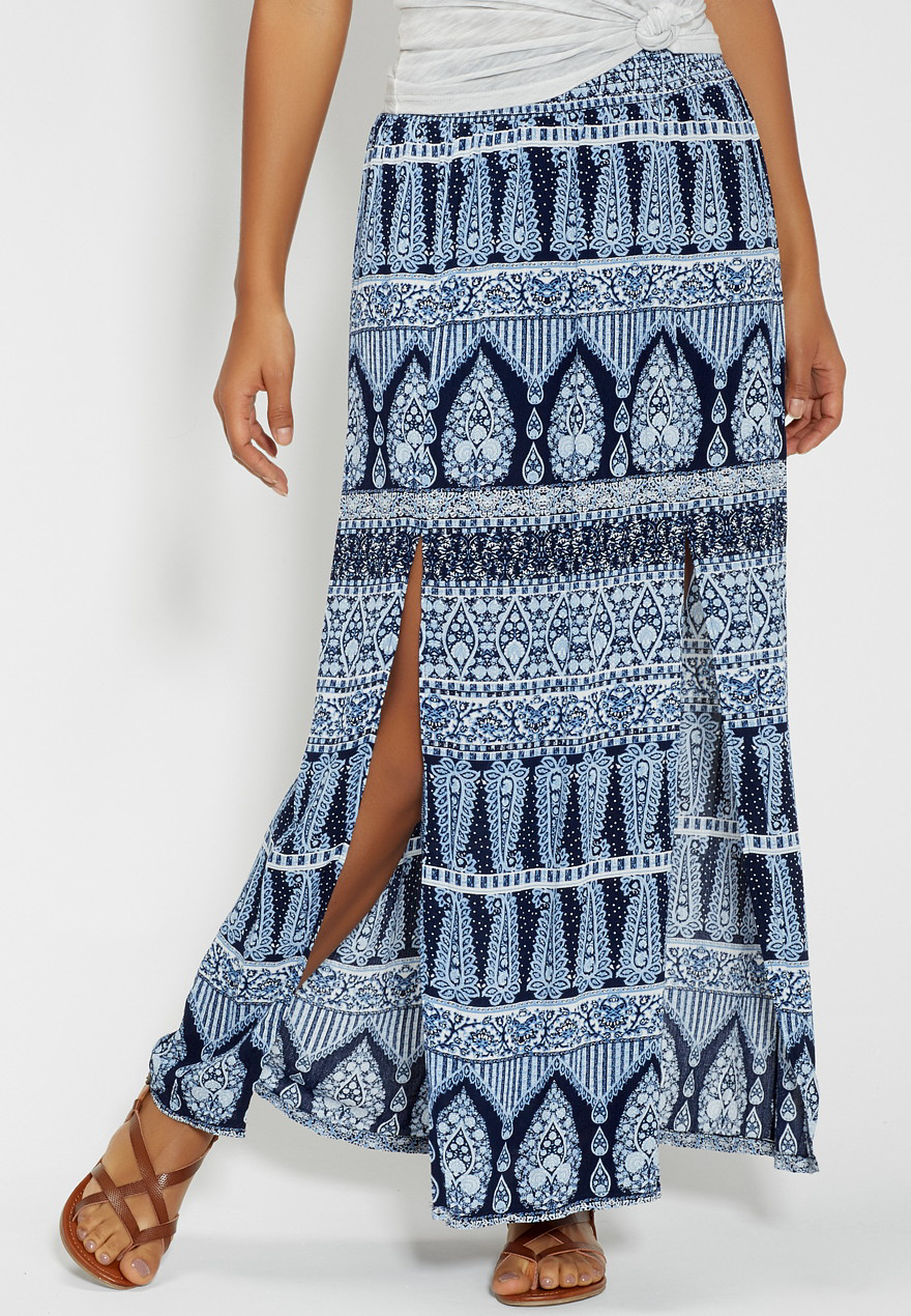 patterned maxi skirt with slits in blue | maurices