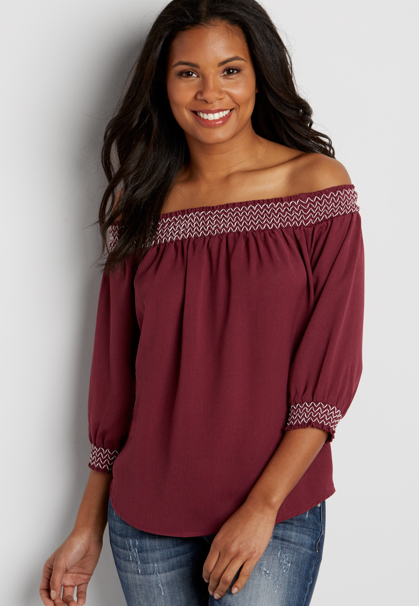 smocked off the shoulder peasant top | maurices