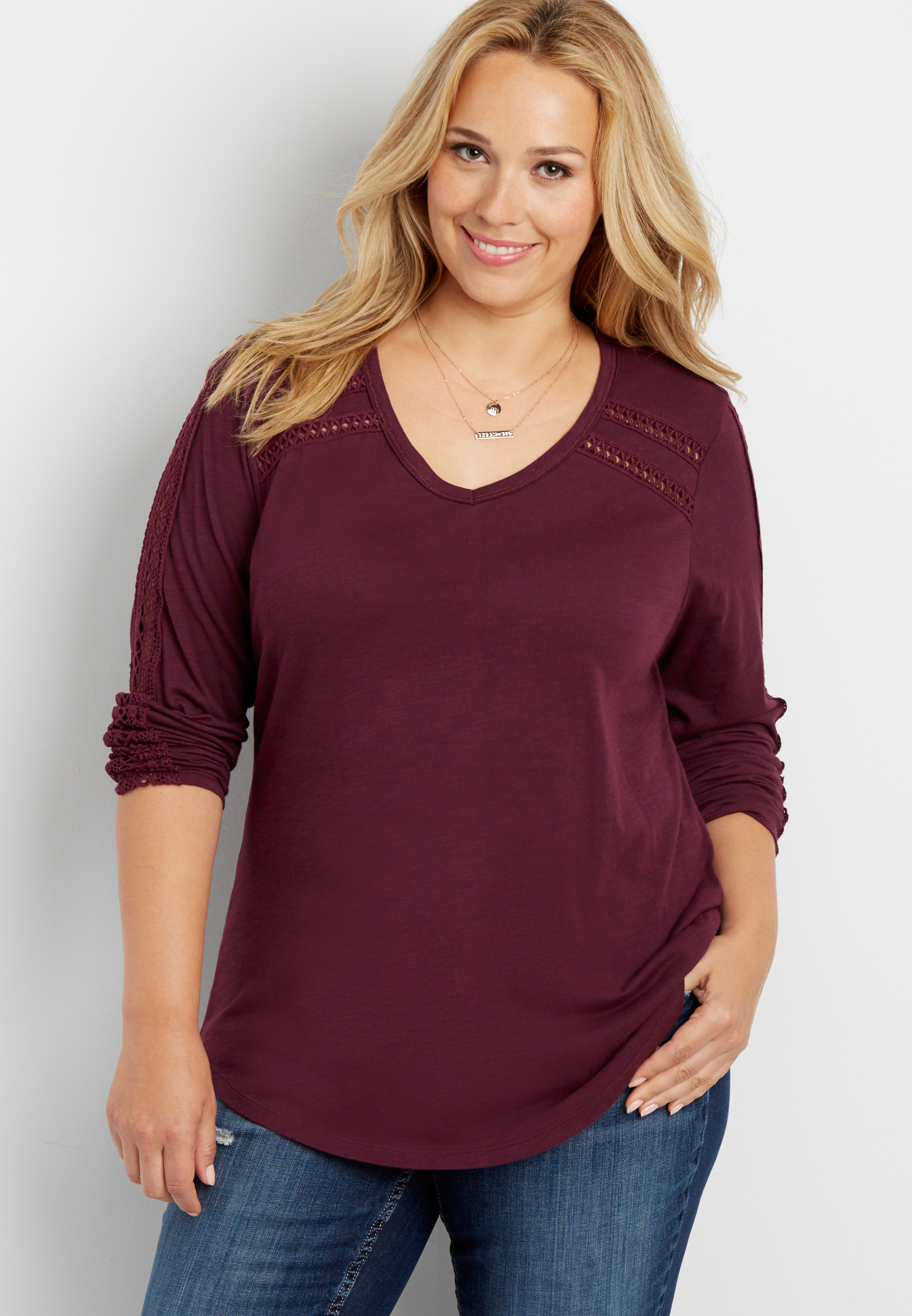 plus size long sleeve tee with crochet inlay | maurices