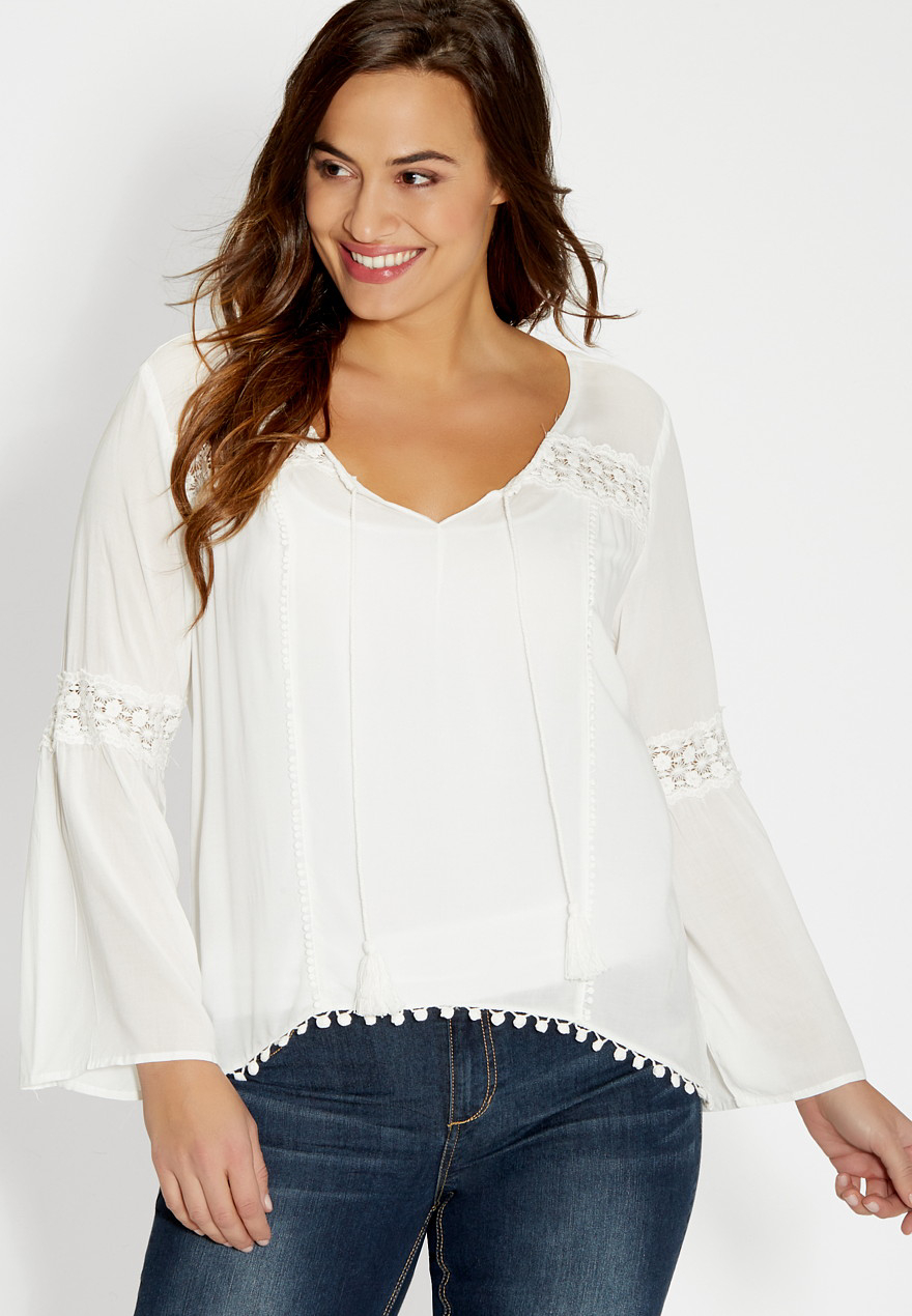 Plus Size Peasant Top With Lace And Crocheted Pompom Hem Maurices