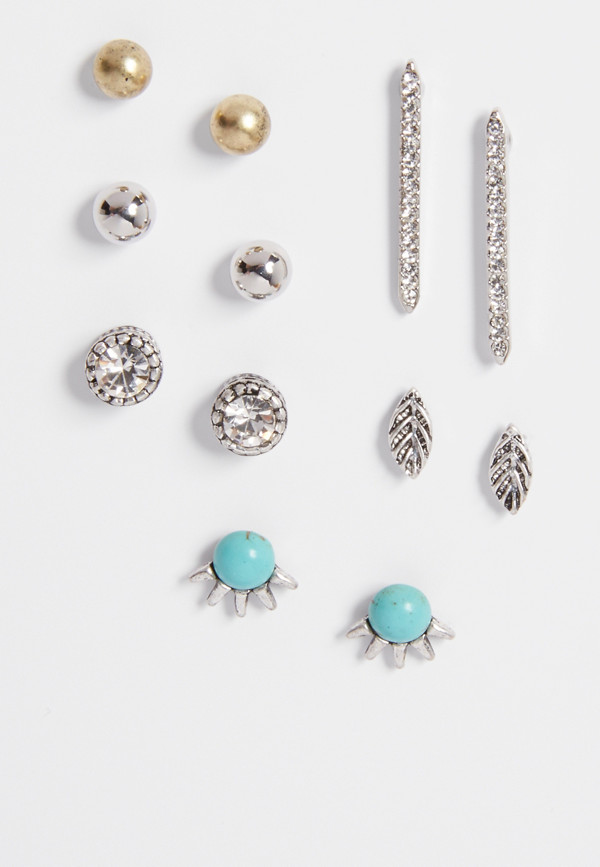 set of 6 mixed metal earrings with rhinestones and turquoise studs ...