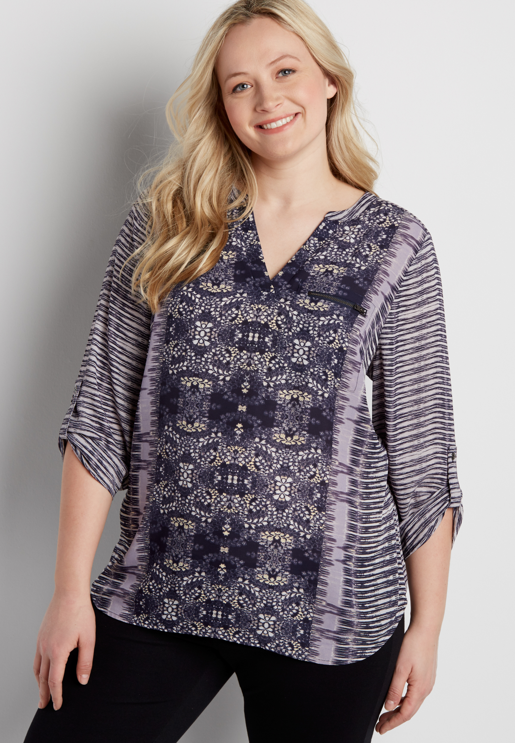 the perfect plus size two patterned blouse with zipper pocket | maurices
