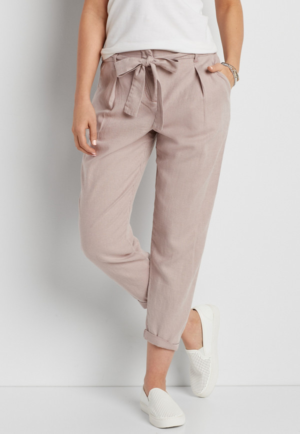 linen ankle crop pant with tie waist | maurices