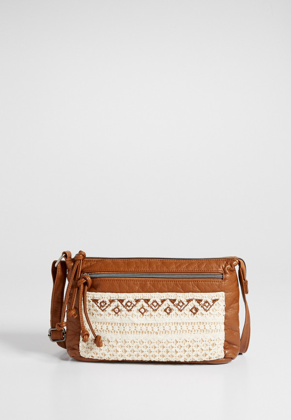 faux leather crossbody bag with crocheted overlay | maurices
