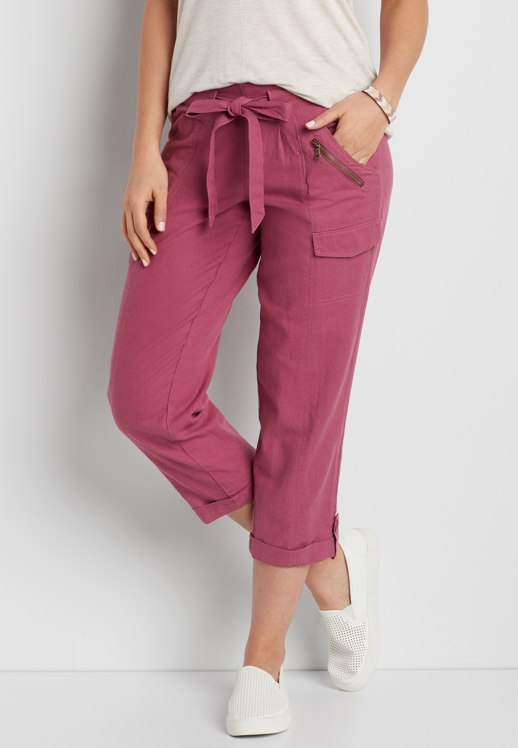 linen utility capri with tie waist | maurices