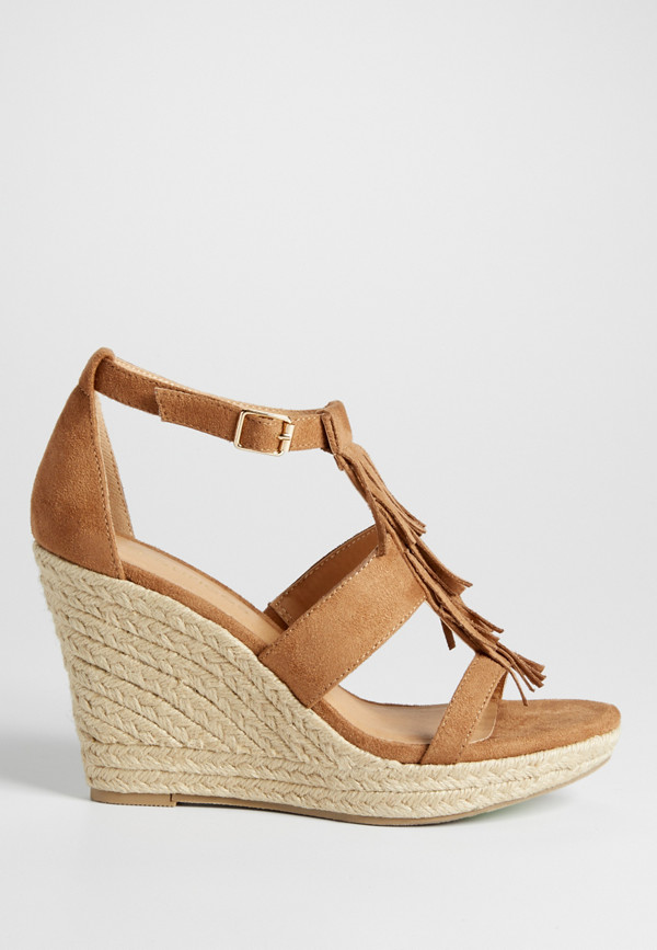 Belia faux suede wedge with fringe | maurices