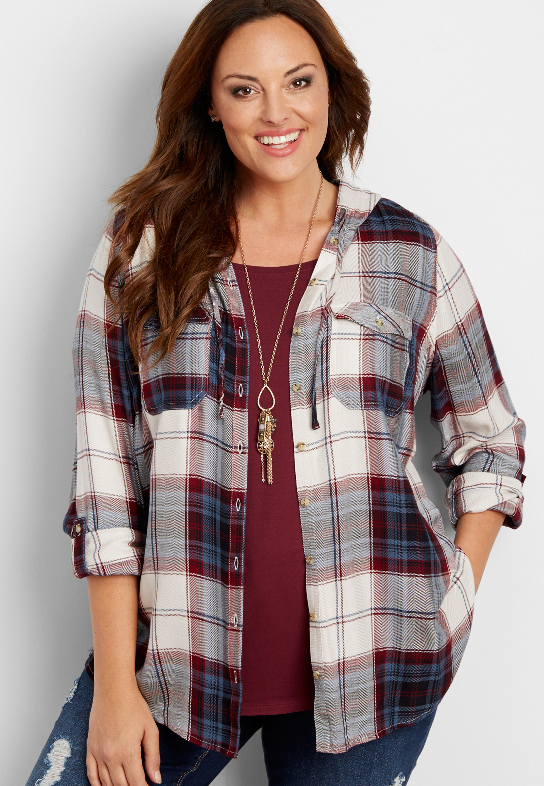 plus size button down hooded plaid tunic shirt | maurices