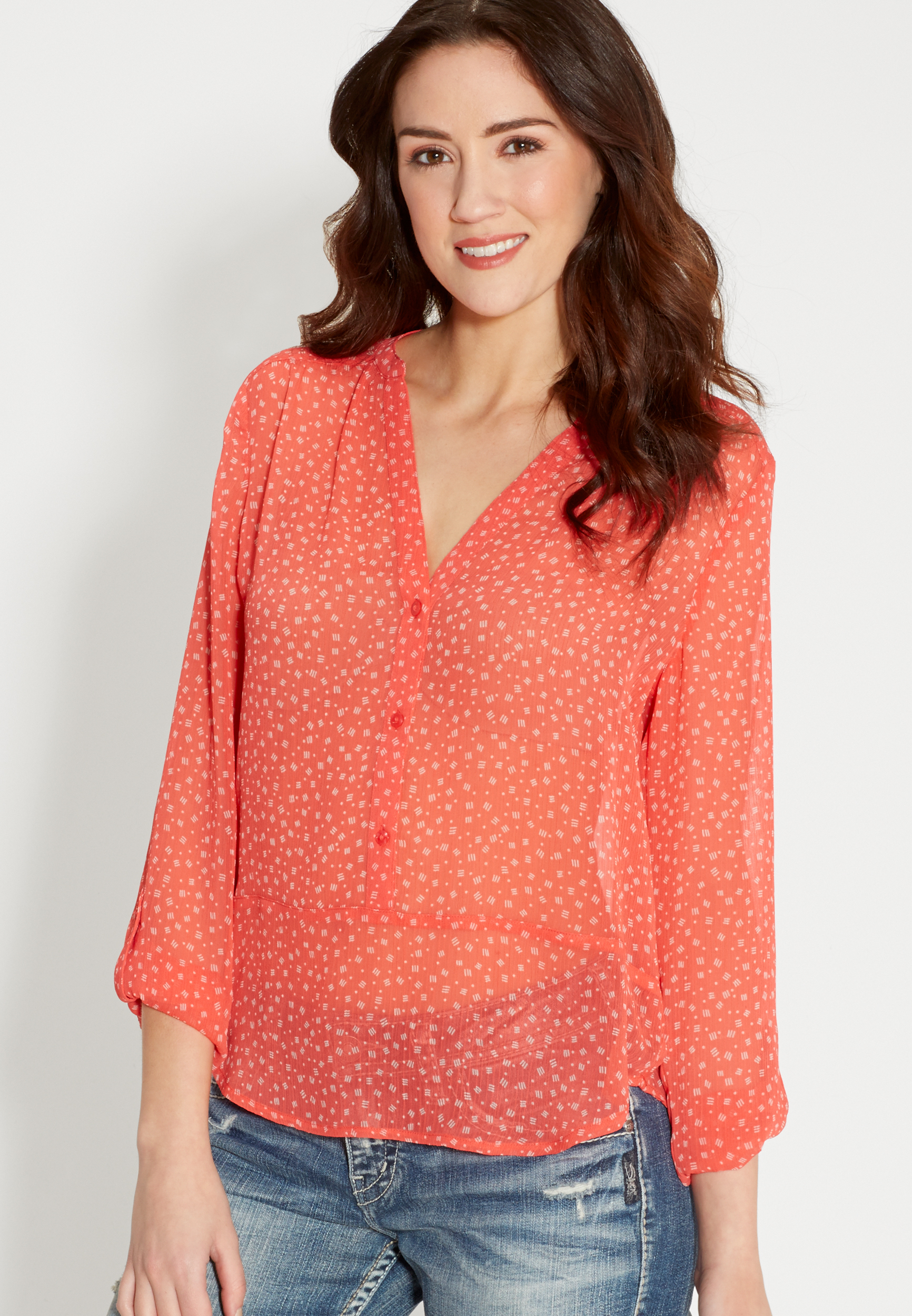 the perfect blouse in ethnic print with high-low hem | maurices