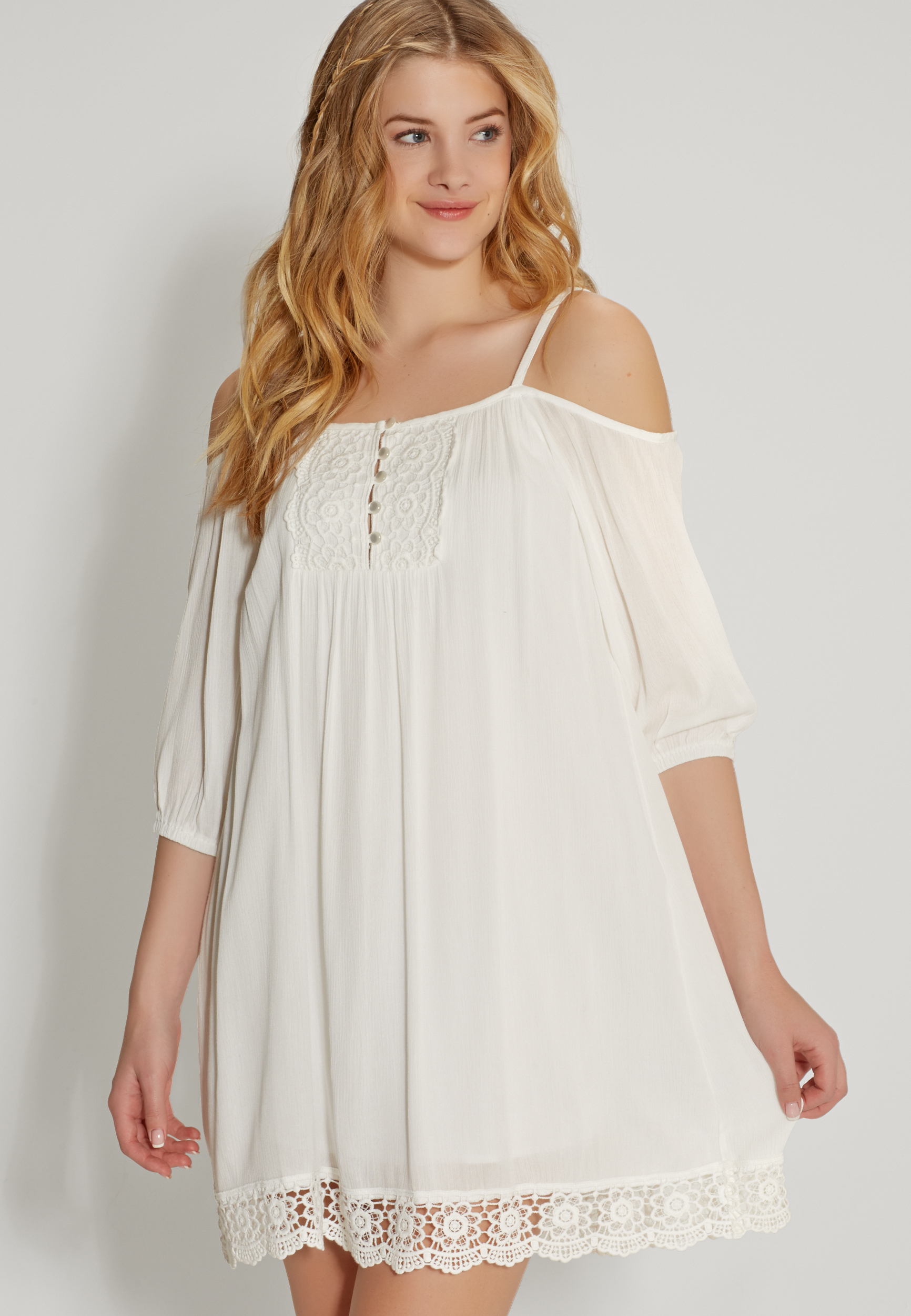 peasant dress with lace and cold shoulder sleeves | maurices
