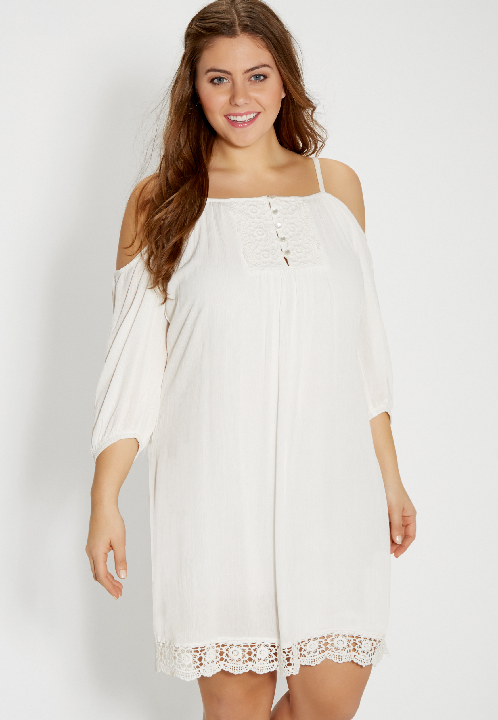plus size peasant dress with lace and cold shoulder sleeves | maurices