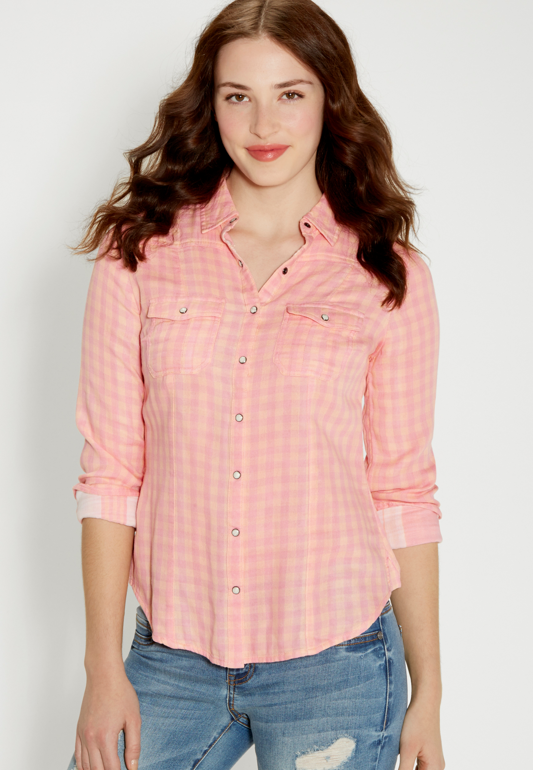 lightweight button down gingham shirt in pink | maurices