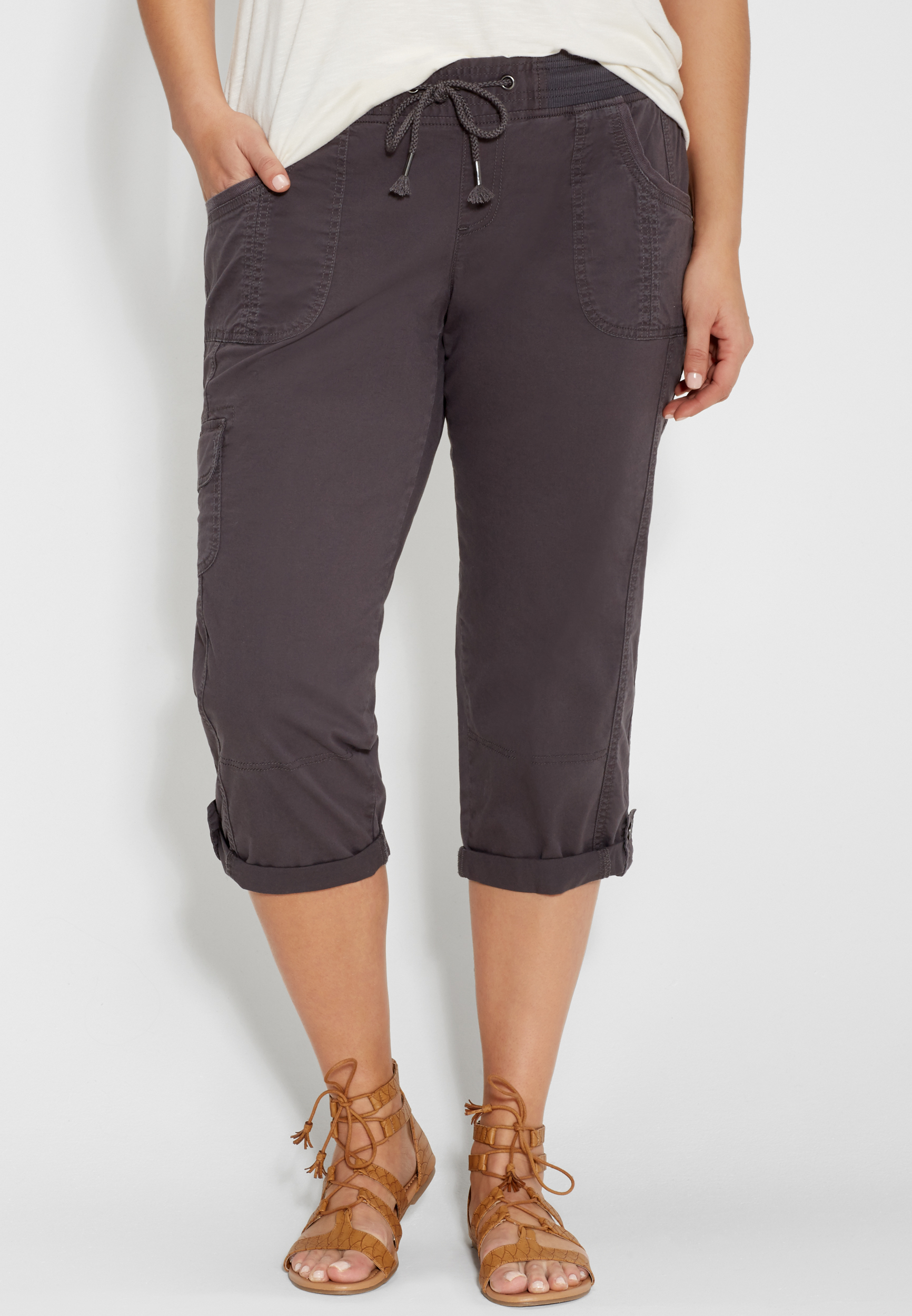 plus size cargo capri with ribbed waistband in slate maurices