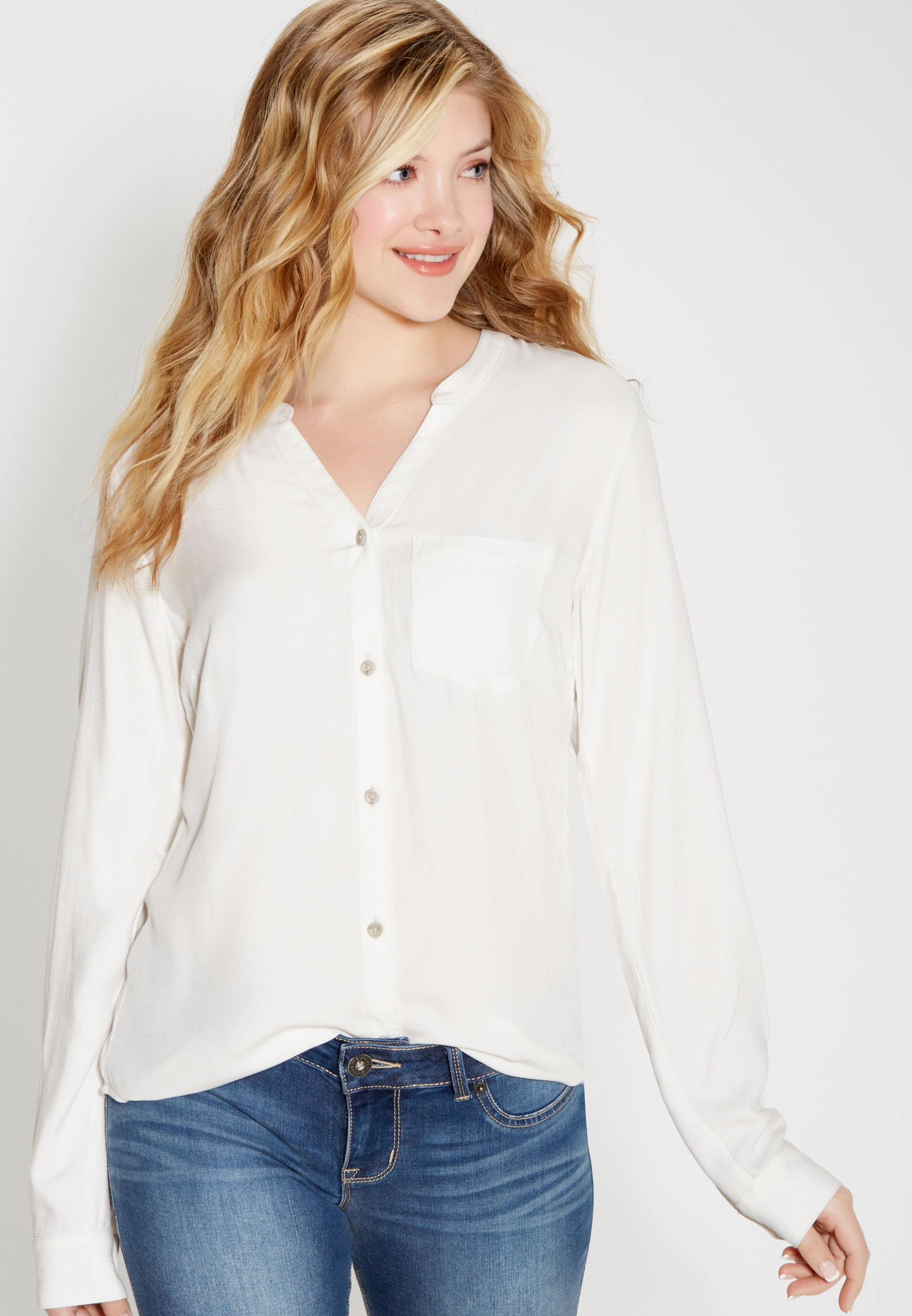 button down denim shirt with lace back | maurices