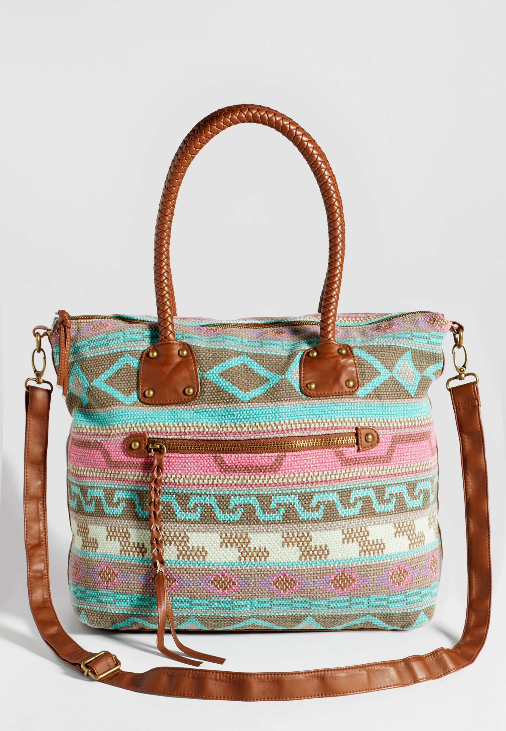 ethnic fabric crossbody bag with braided carry handles | maurices