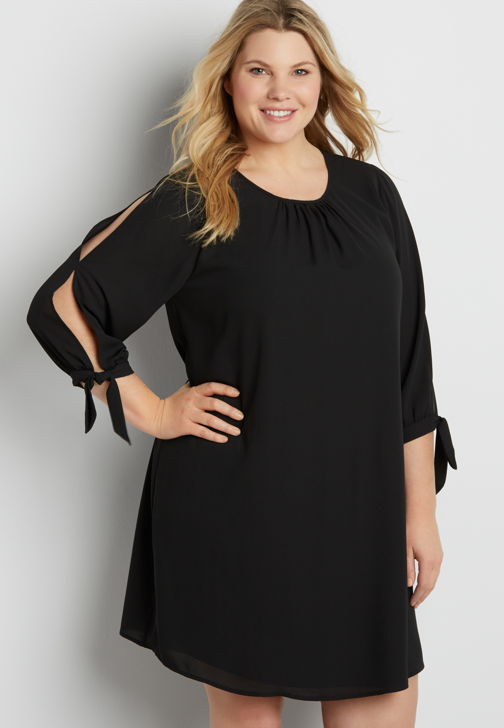 chiffon shift dress with cold shoulders and tie sleeves | maurices