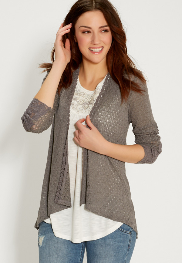 cardigan with open stitching and lace trim | maurices