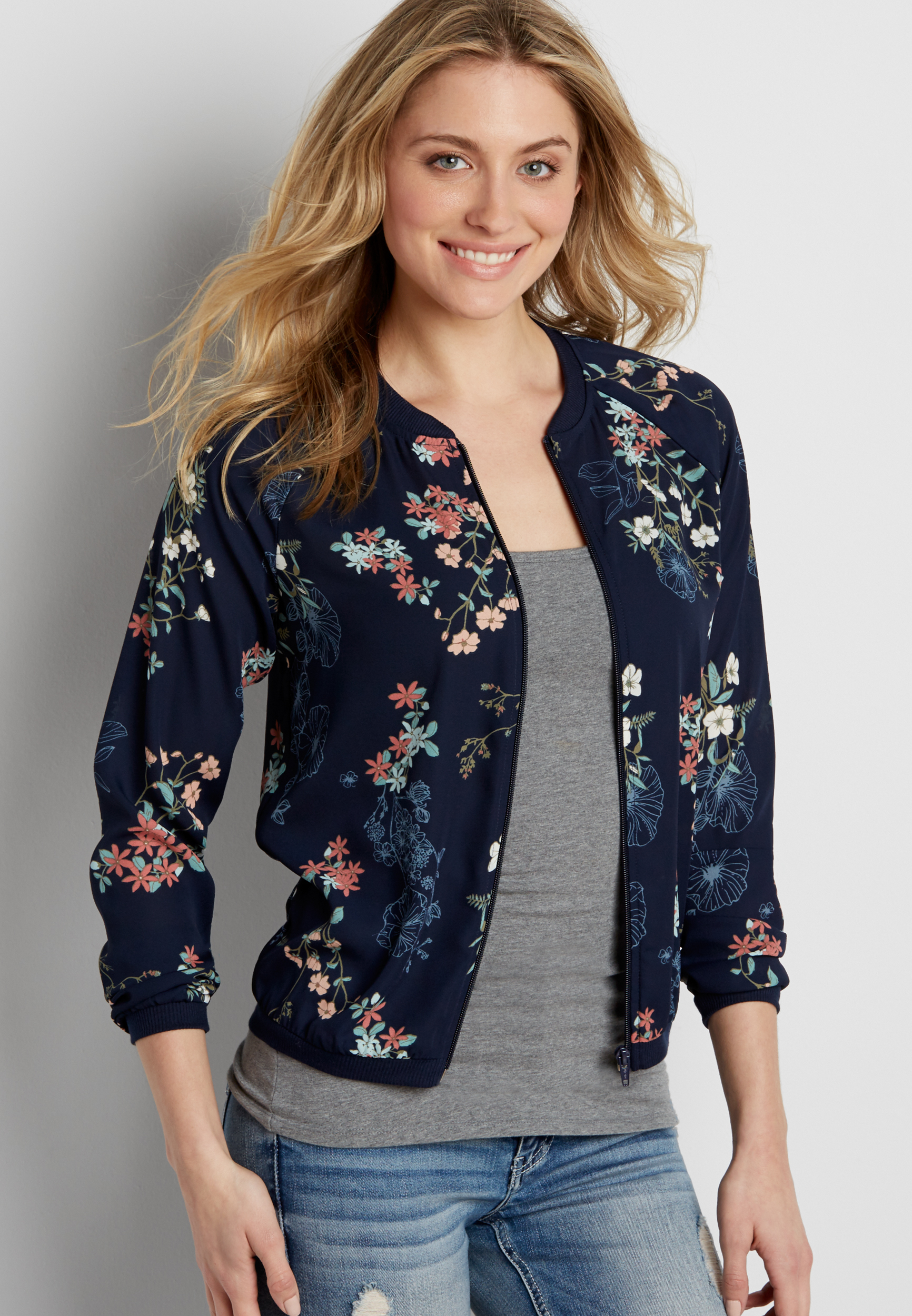 chiffon bomber jacket in navy blue floral print | maurices
