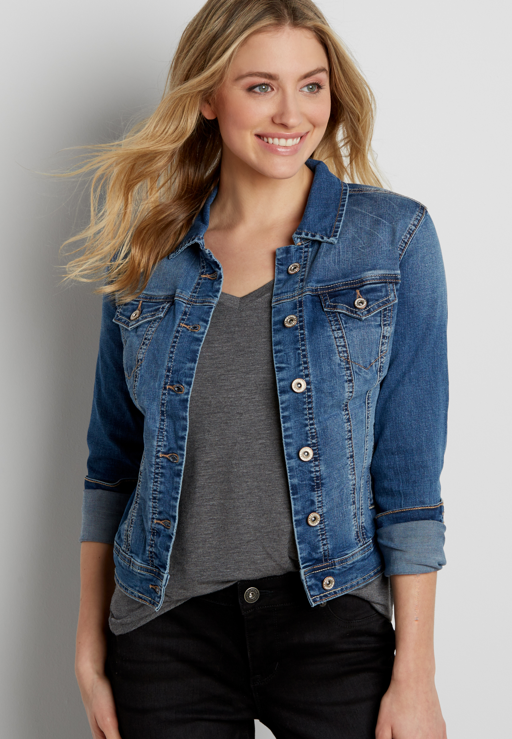 denim jacket in medium wash with veining detail | maurices