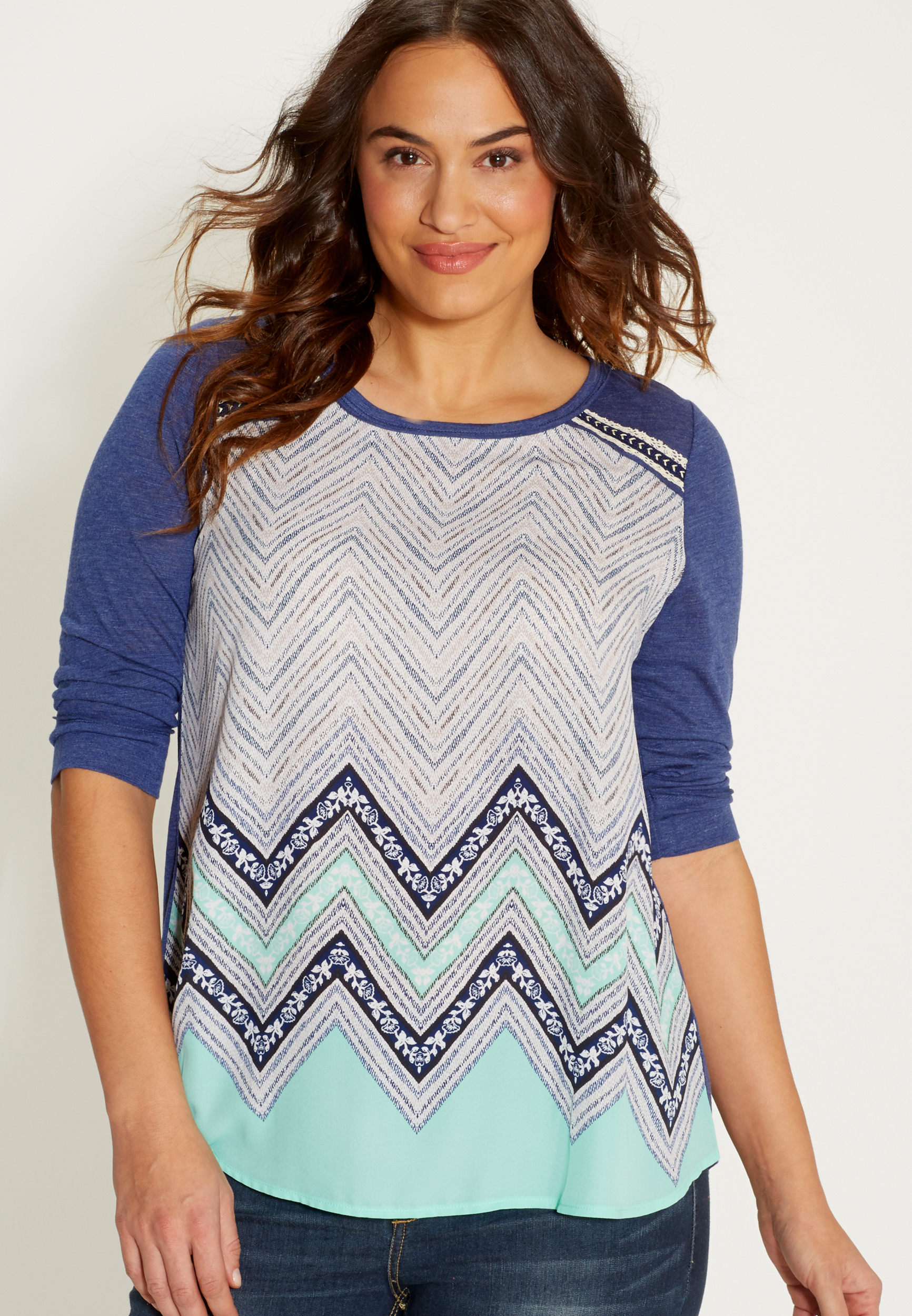 plus size button back tee with chevron print chiffon front | maurices