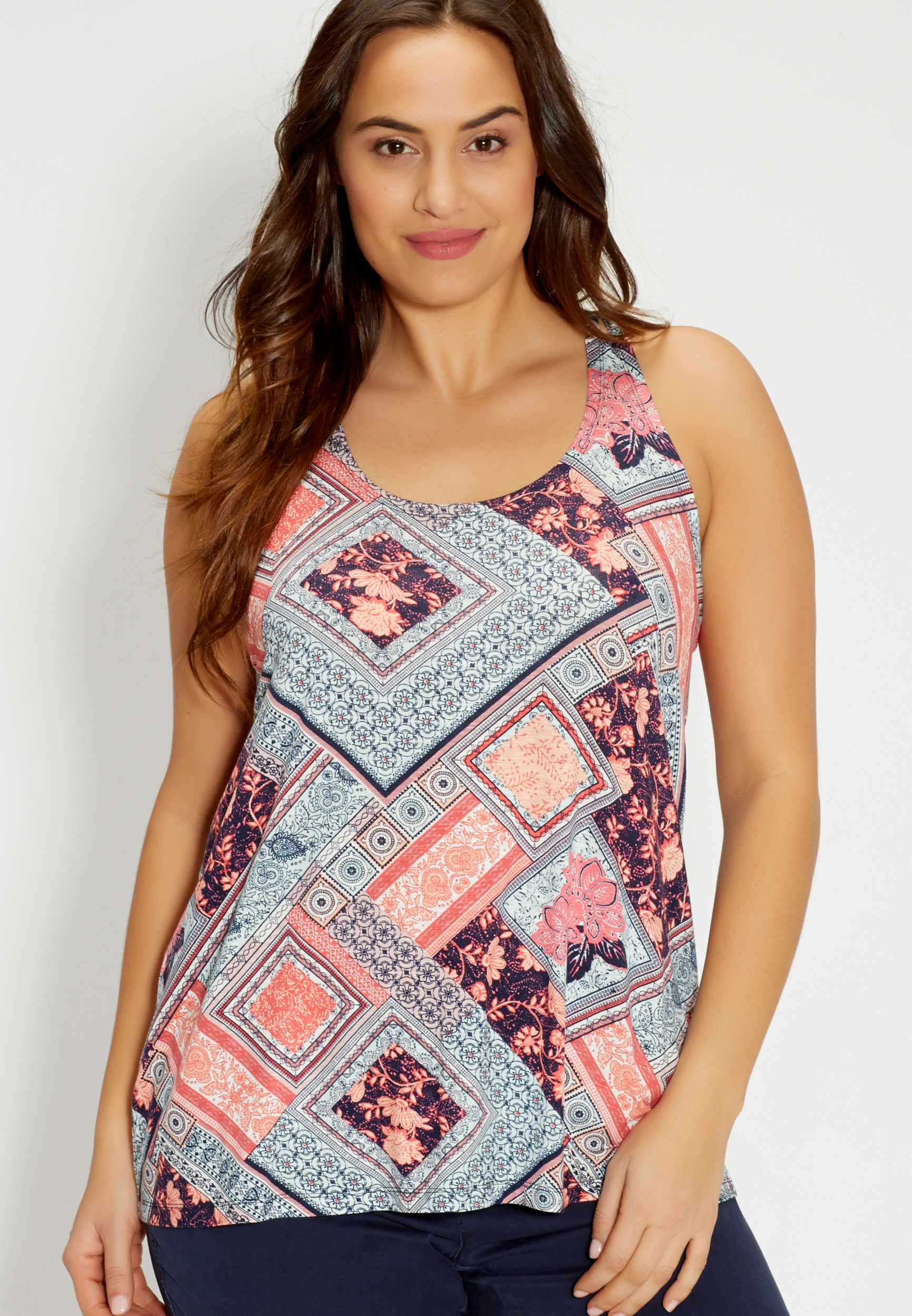 plus size patchwork patterned tank with knotted back | maurices