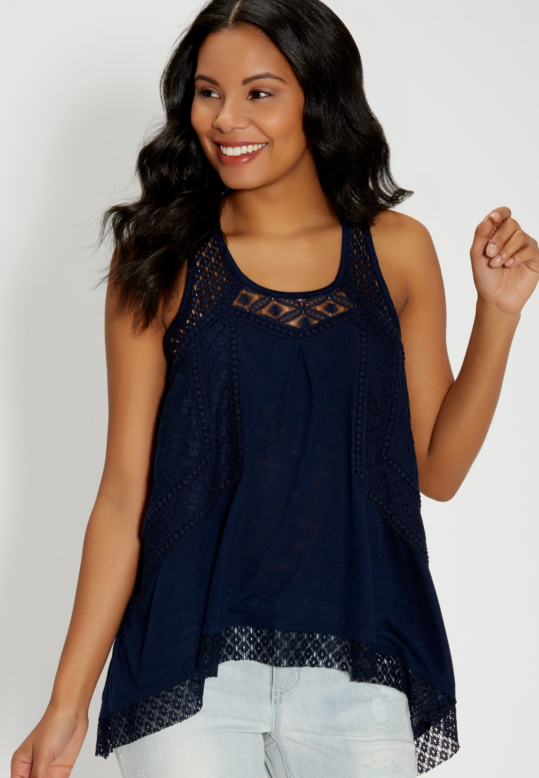 lace and crocheted tank with shark bite hem | maurices